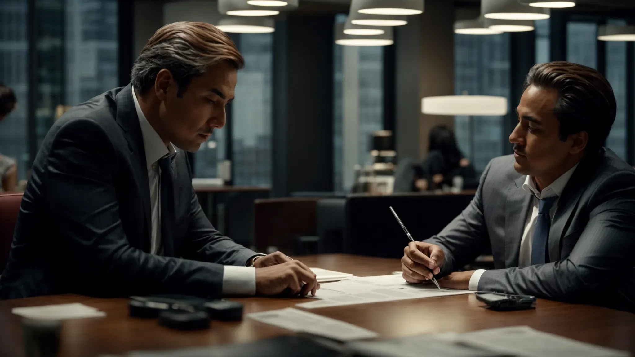 a producer and a financier sit across from each other at a large table, surrounded by budgets and financial charts, deeply engrossed in discussion.