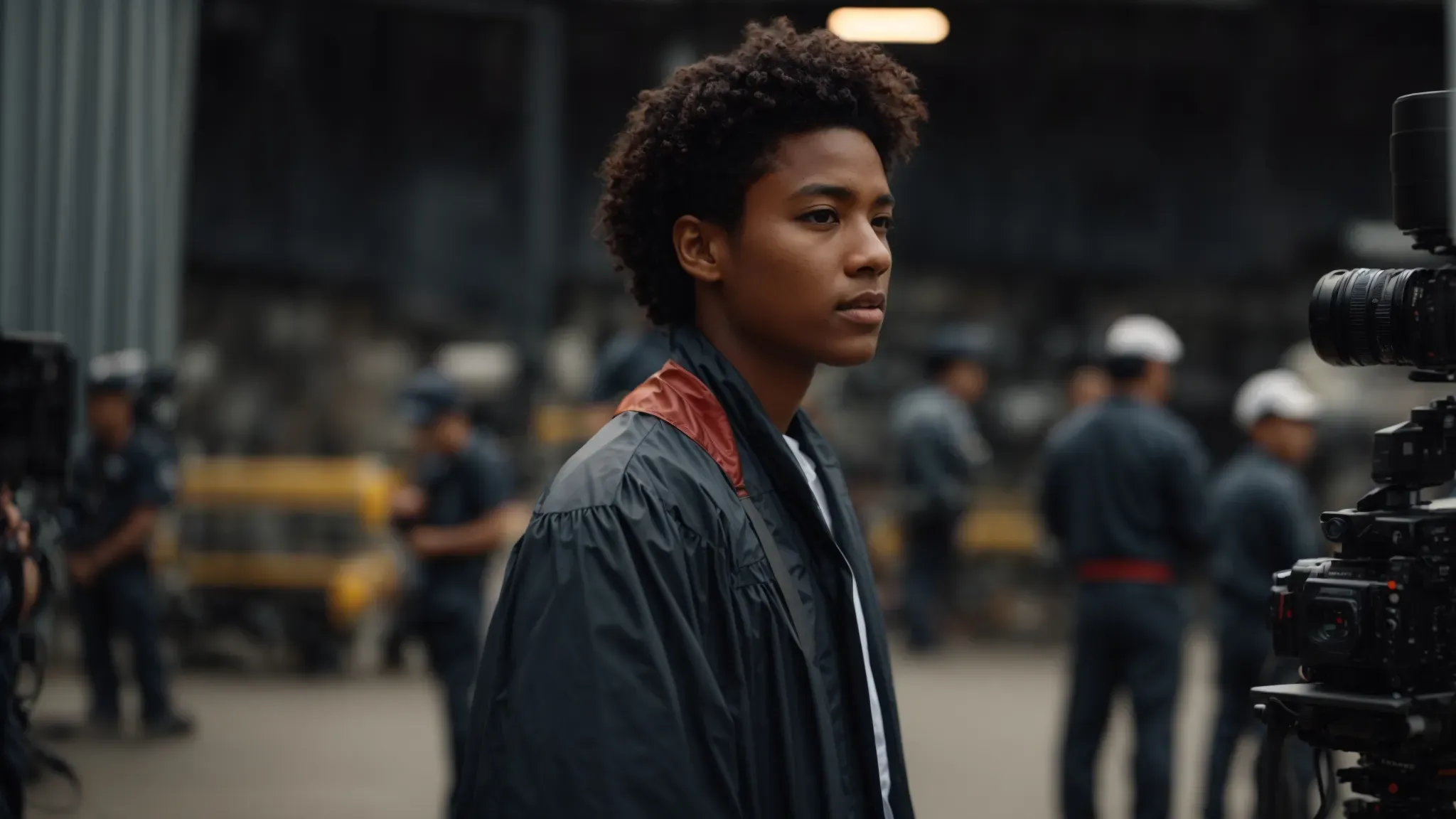 a graduate stands on a film set looking towards the bustling crew and equipment, with a look of determination and opportunity.