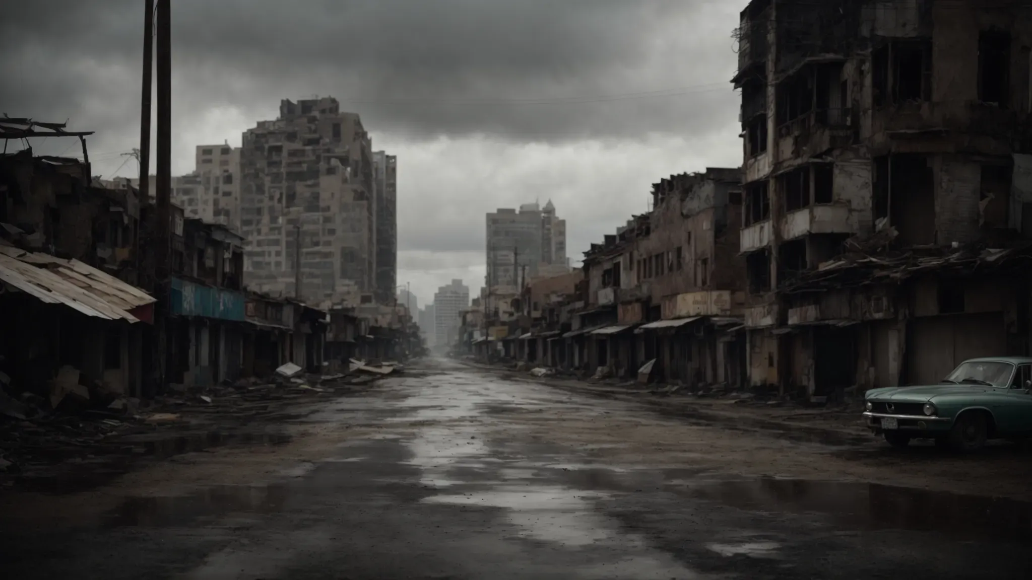 a barren cityscape under a dark, cloudy sky, with towering, dilapidated structures looming over deserted streets.