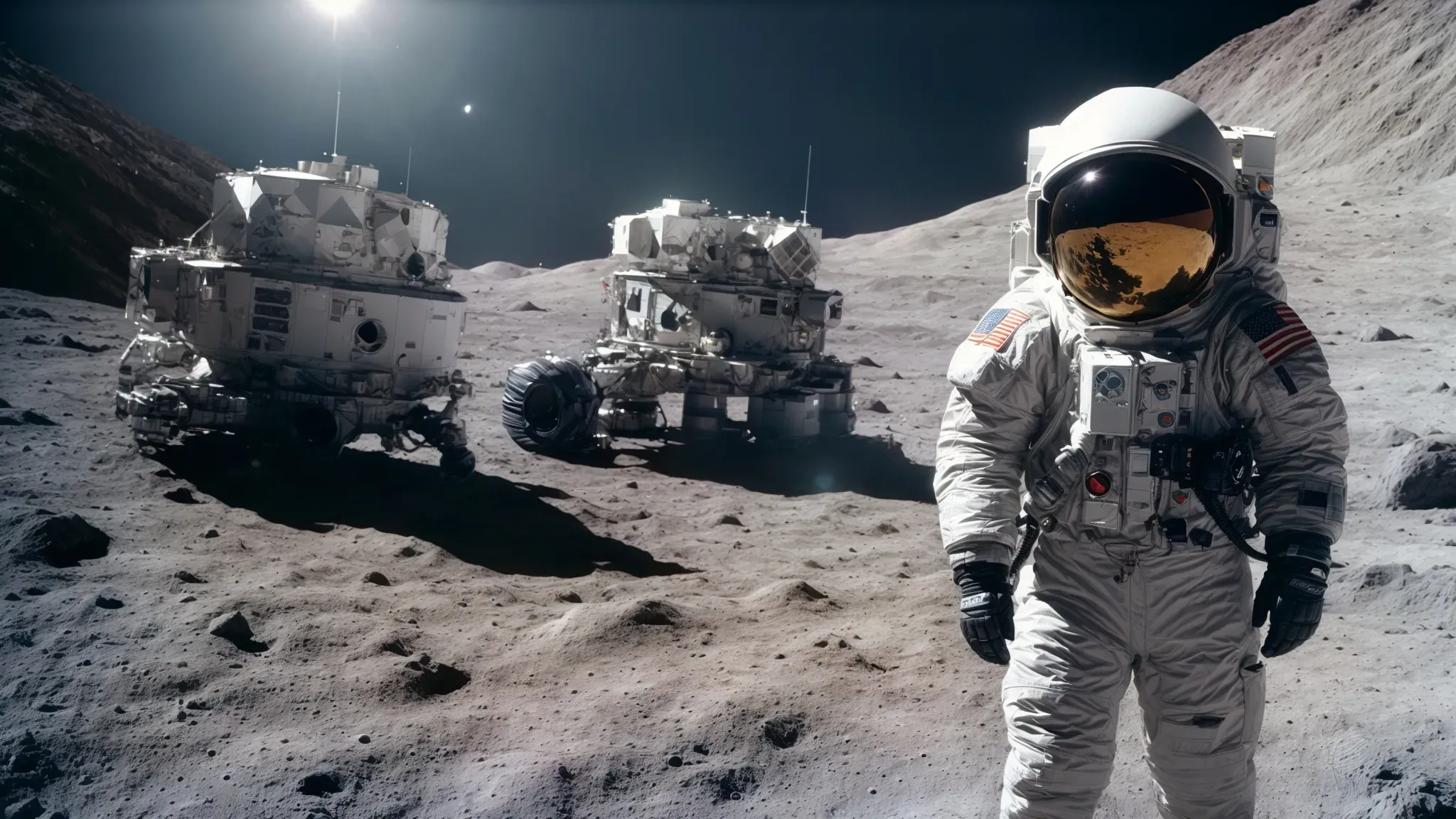 sam bell encounters the surreal expanse of the lunar surface, dominated by the awe-inspiring, desolate moonscape and the claustrophobic interiors of the moon base.