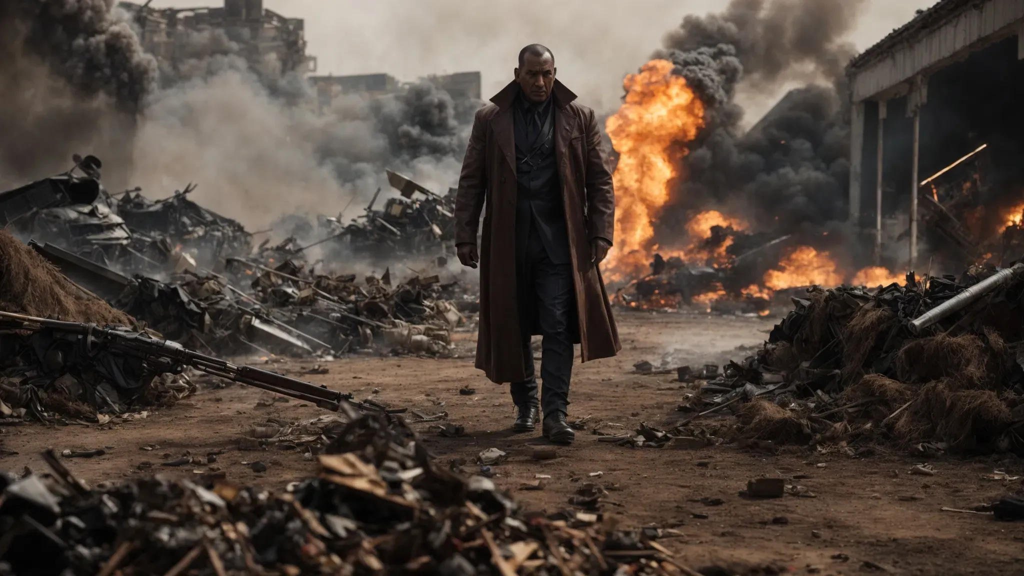 a menacing figure stands tall amidst the chaos of an explosive battle scene, exuding a presence that defines him as an iconic villain of action cinema history.