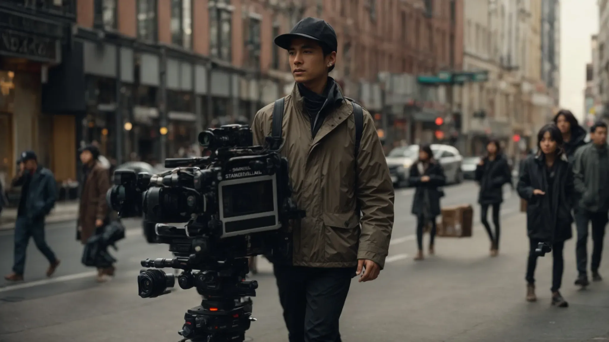 a filmmaker uses a steadicam to follow an actor walking through a bustling city street, adding a sense of motion and energy to the scene.