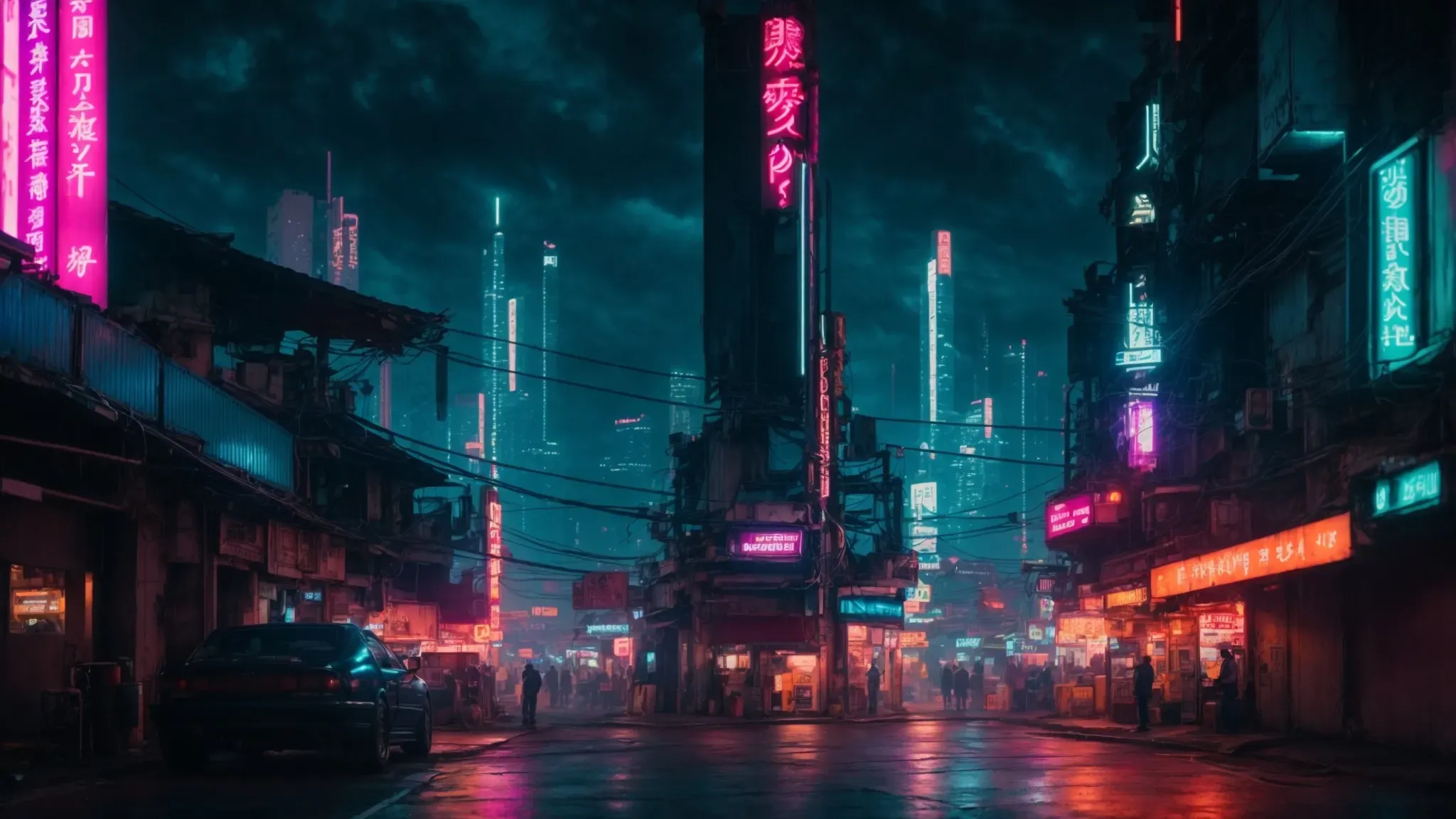 neon-lit cityscapes beneath dark, sprawling skies capture the essence of a cyberpunk world.