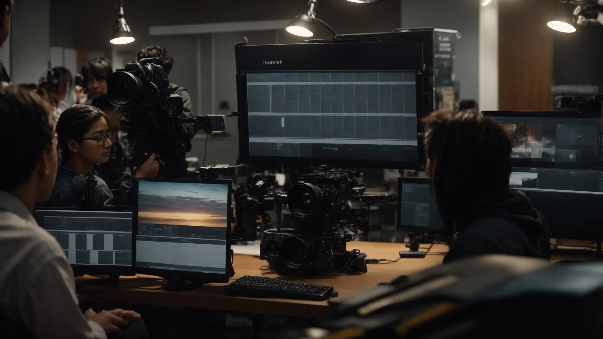 a director and crew are gathered around a large monitor, actively engaged in planning the day's film shoot with a visible scheduling interface.
