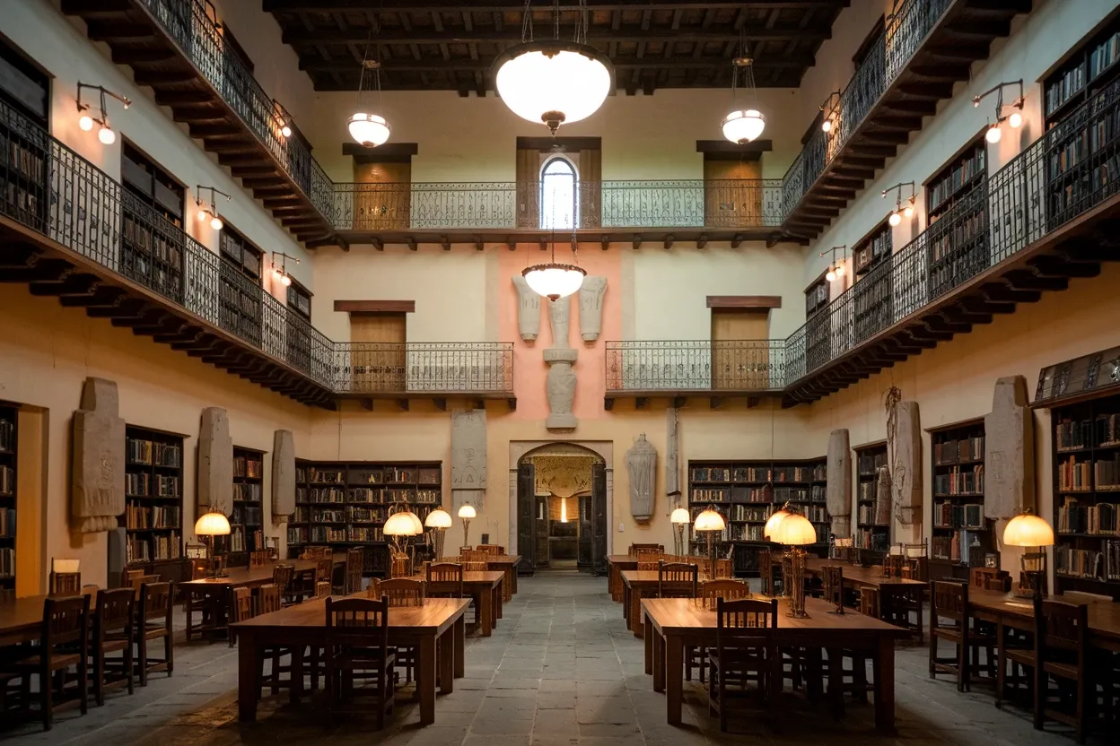 a vast library filled with vintage books beside a classic film projector displaying scenes of airships and gears.