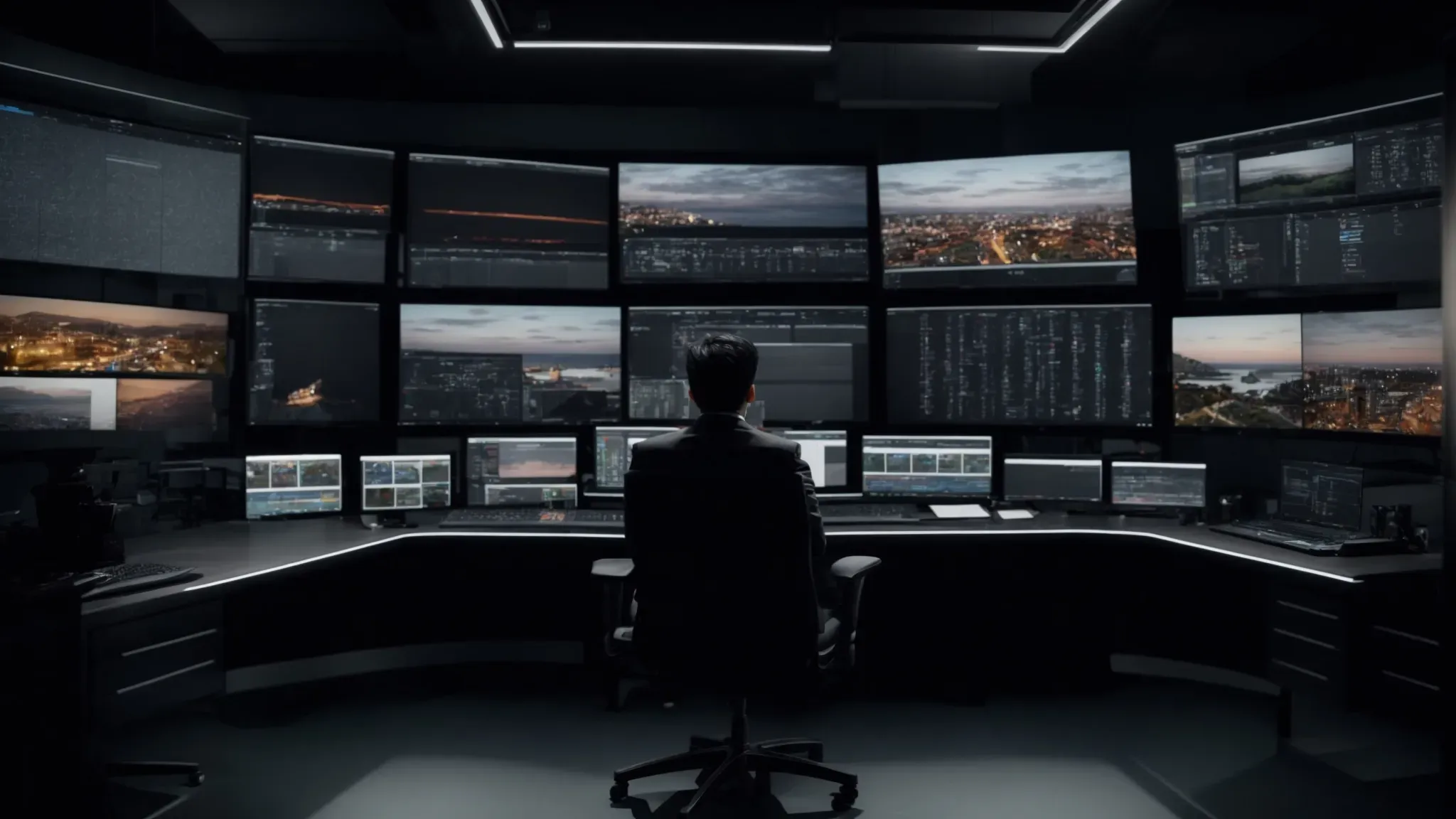 a sleek, modern video editing suite with multiple screens showing different aspects of a video project, and a professional editor at work, surrounded by advanced editing equipment.