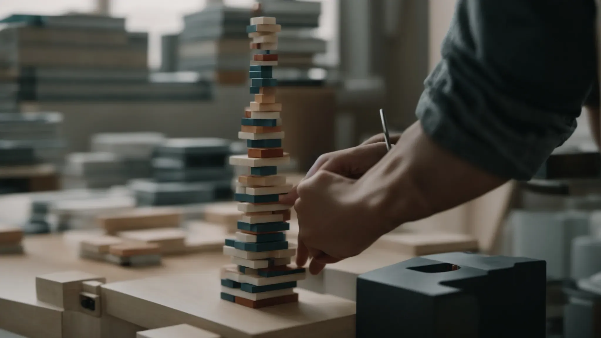 a person carefully aligning blocks into a tower, symbolizing the meticulous process of organizing film credits.