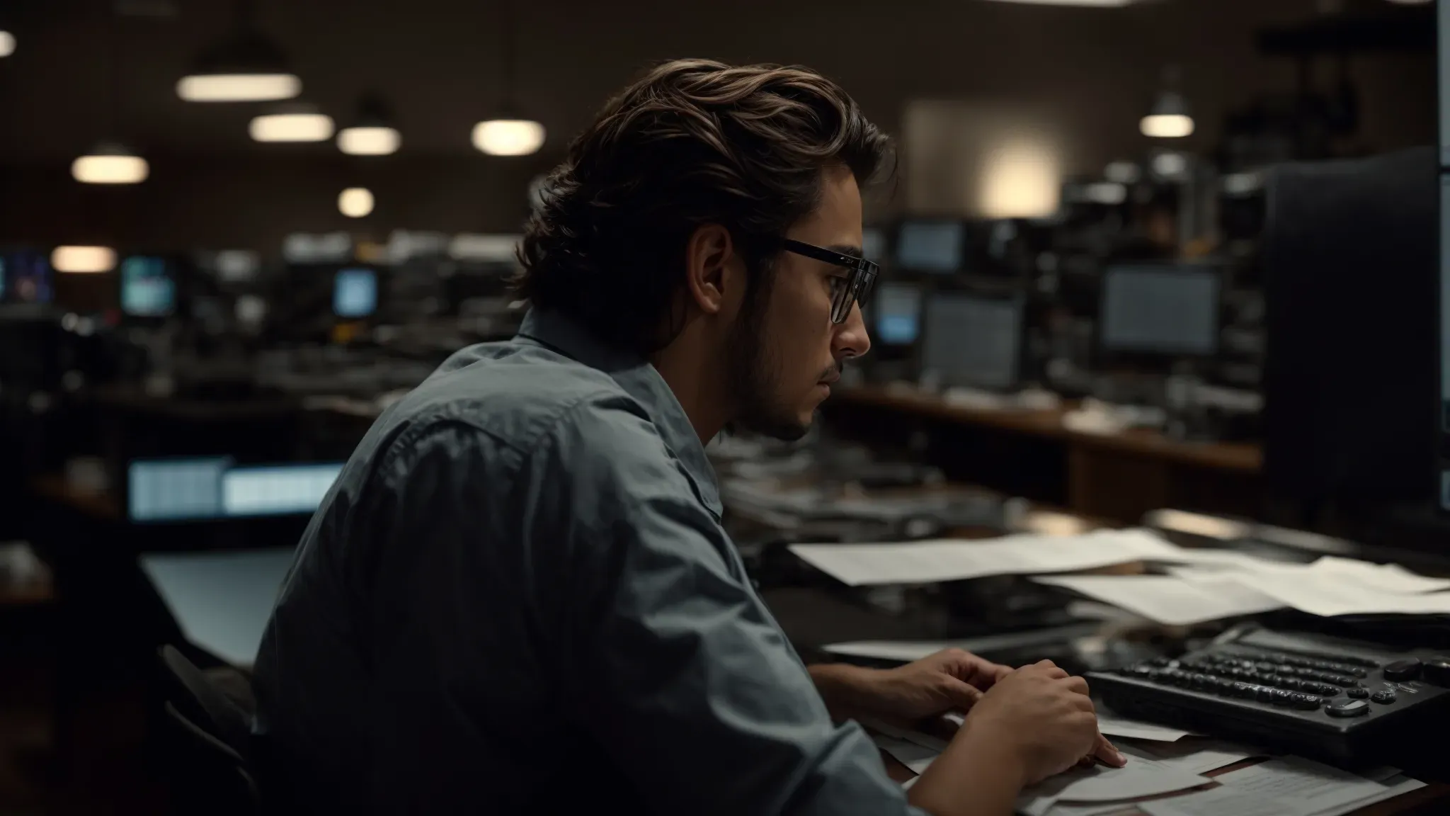 a filmmaker sits in a dimly lit editing room focusing intently on a screen, surrounded by scattered paperwork and a calculator.