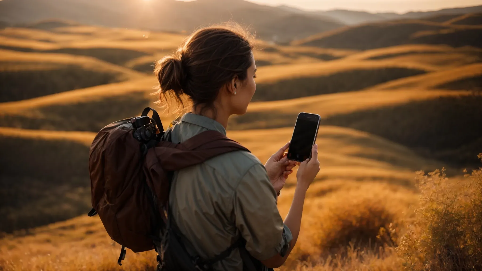 a filmmaker uses a smartphone to scout and capture the essence of an expansive, untouched landscape under the glow of golden hour sunlight.
