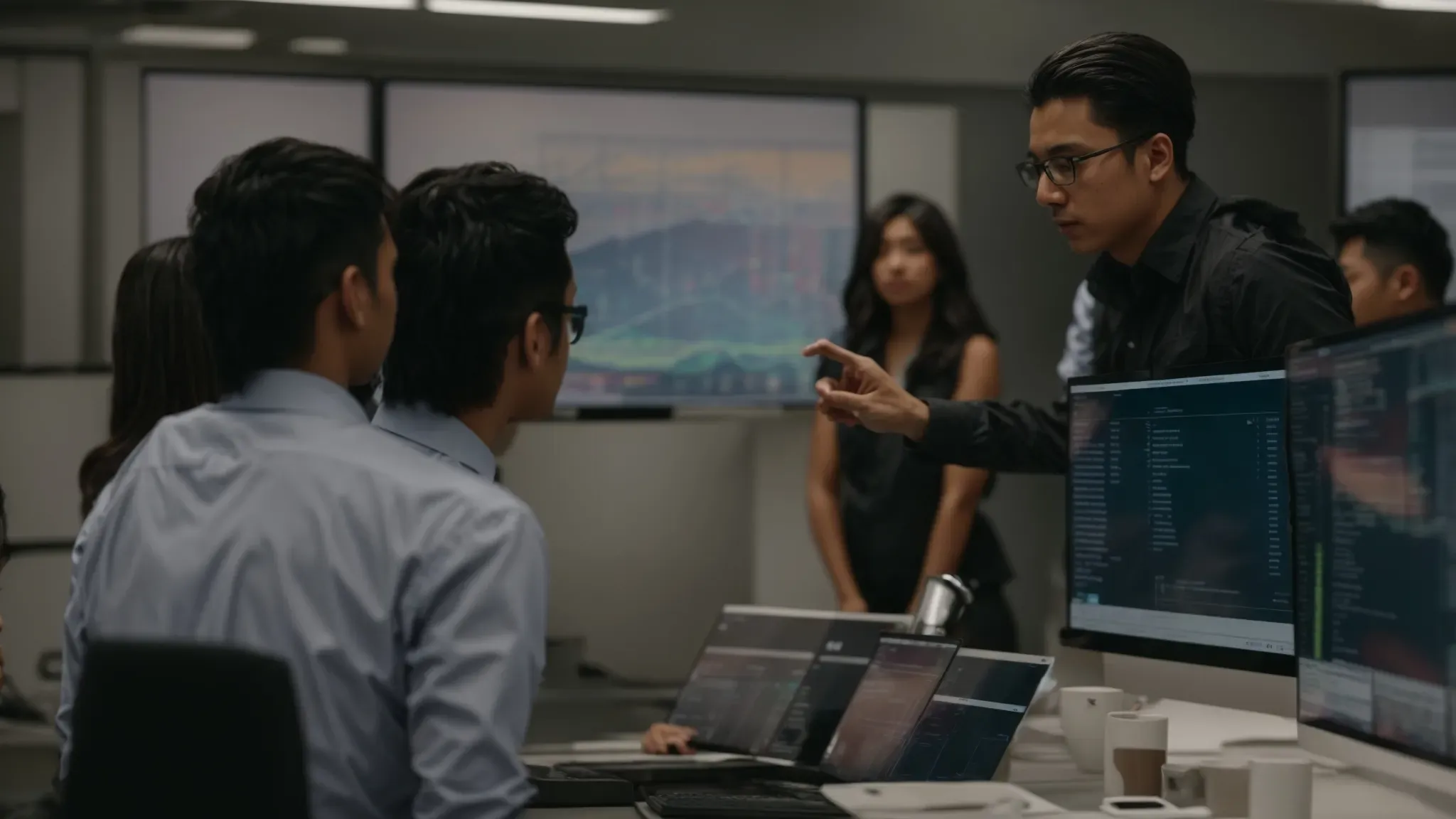 a group of employees gathers around a large monitor displaying a software interface, with one person pointing towards the screen as they discuss.