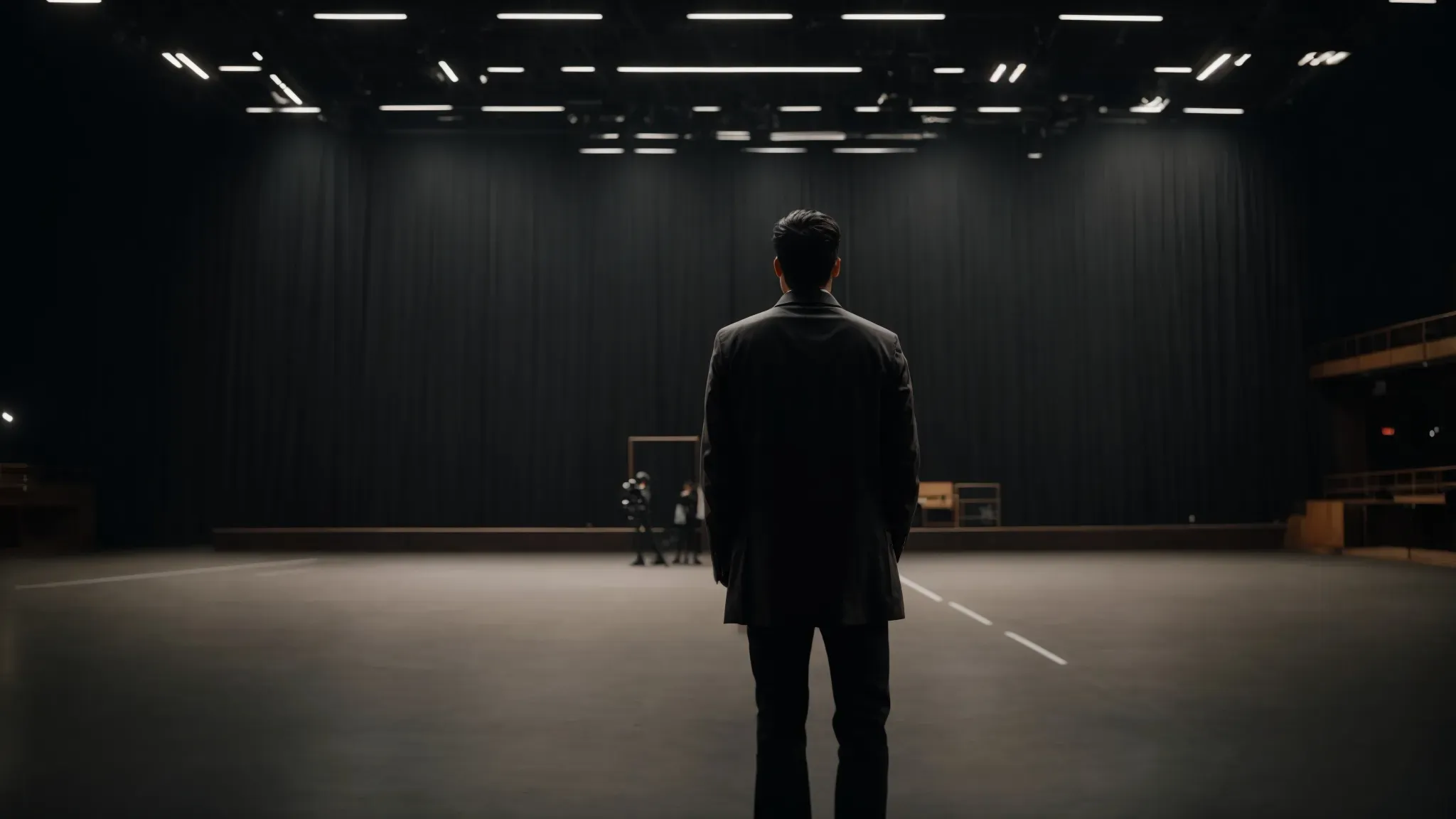 a filmmaker adjusts the lens of a camera, focusing on an actor standing solo in the center of a vast empty stage, creating a sense of isolation.
