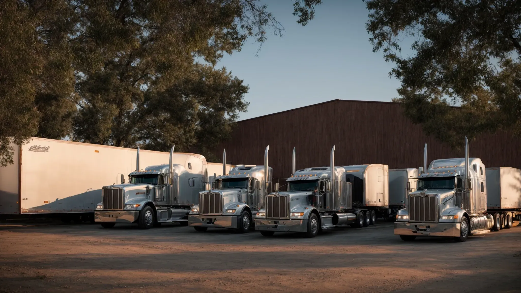 trucks are lined up at sunset, ready to transport film equipment between various production locations across states.
