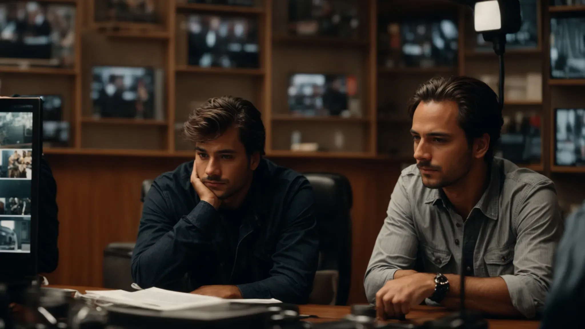 two movie directors sitting in front of screens showing different scenes from the same movie.