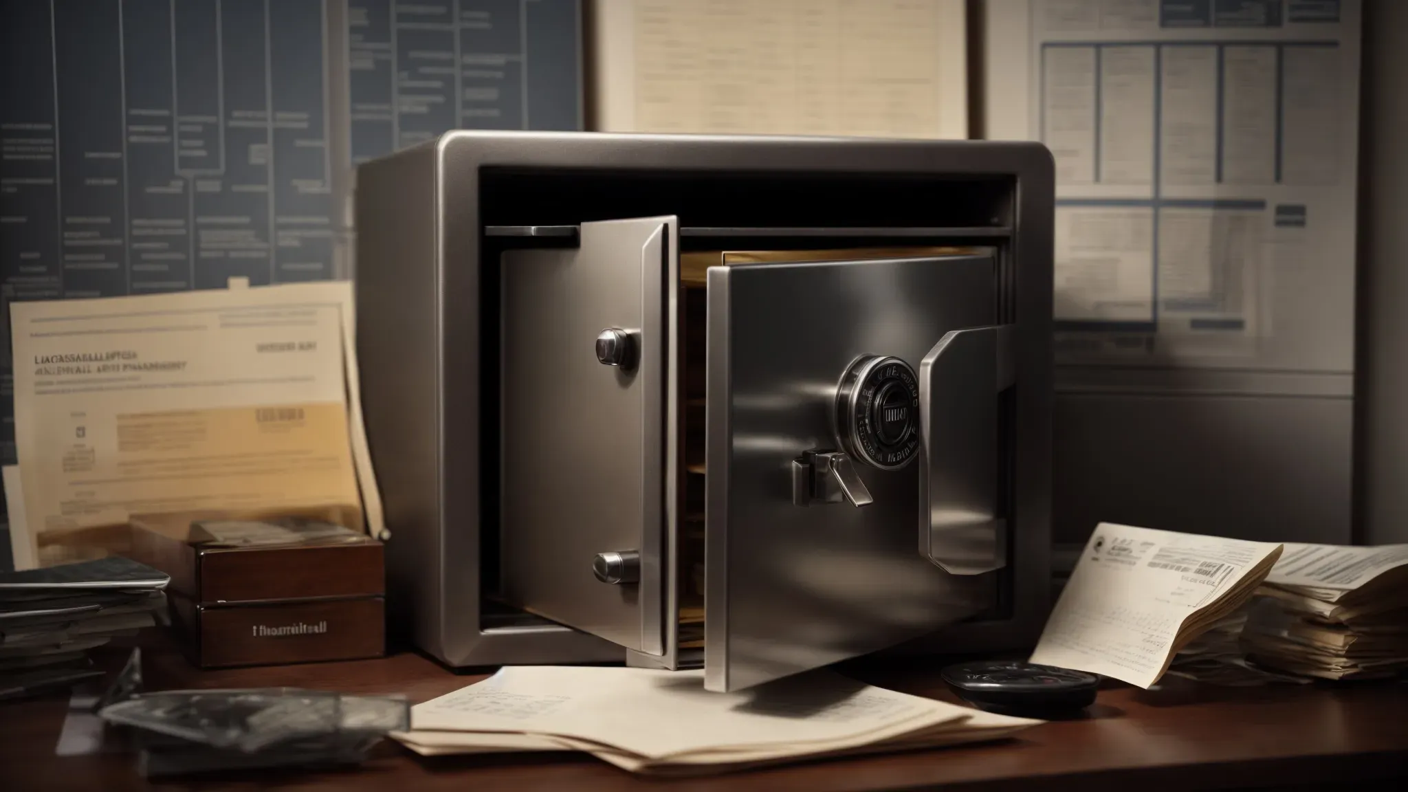 a sturdy safe surrounded by financial charts and documents, highlighting the concept of protection and financial planning.
