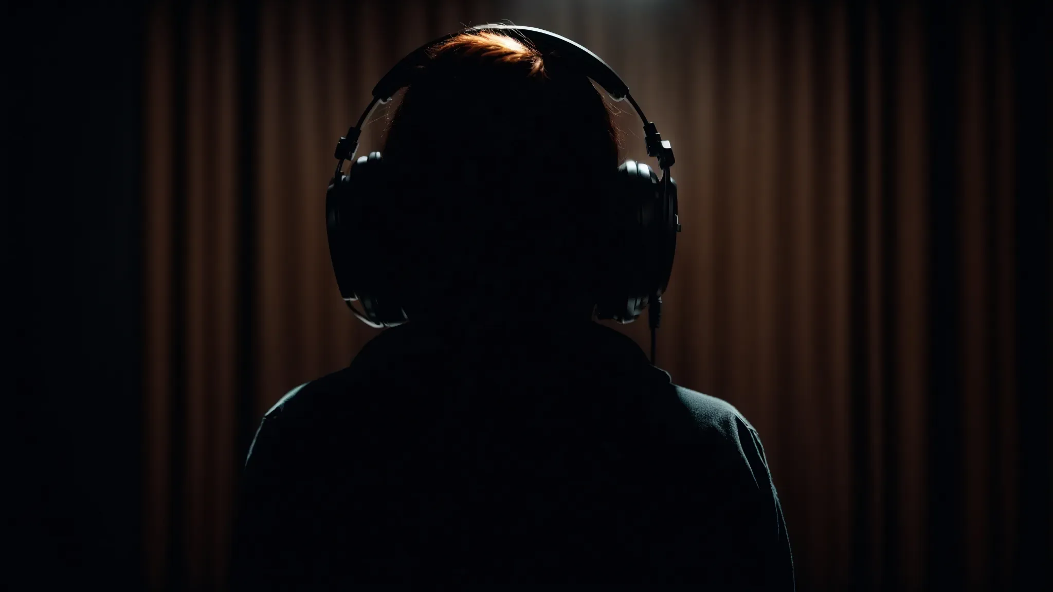 a silhouette of a person wearing headphones in front of a microphone in a dimly lit studio.