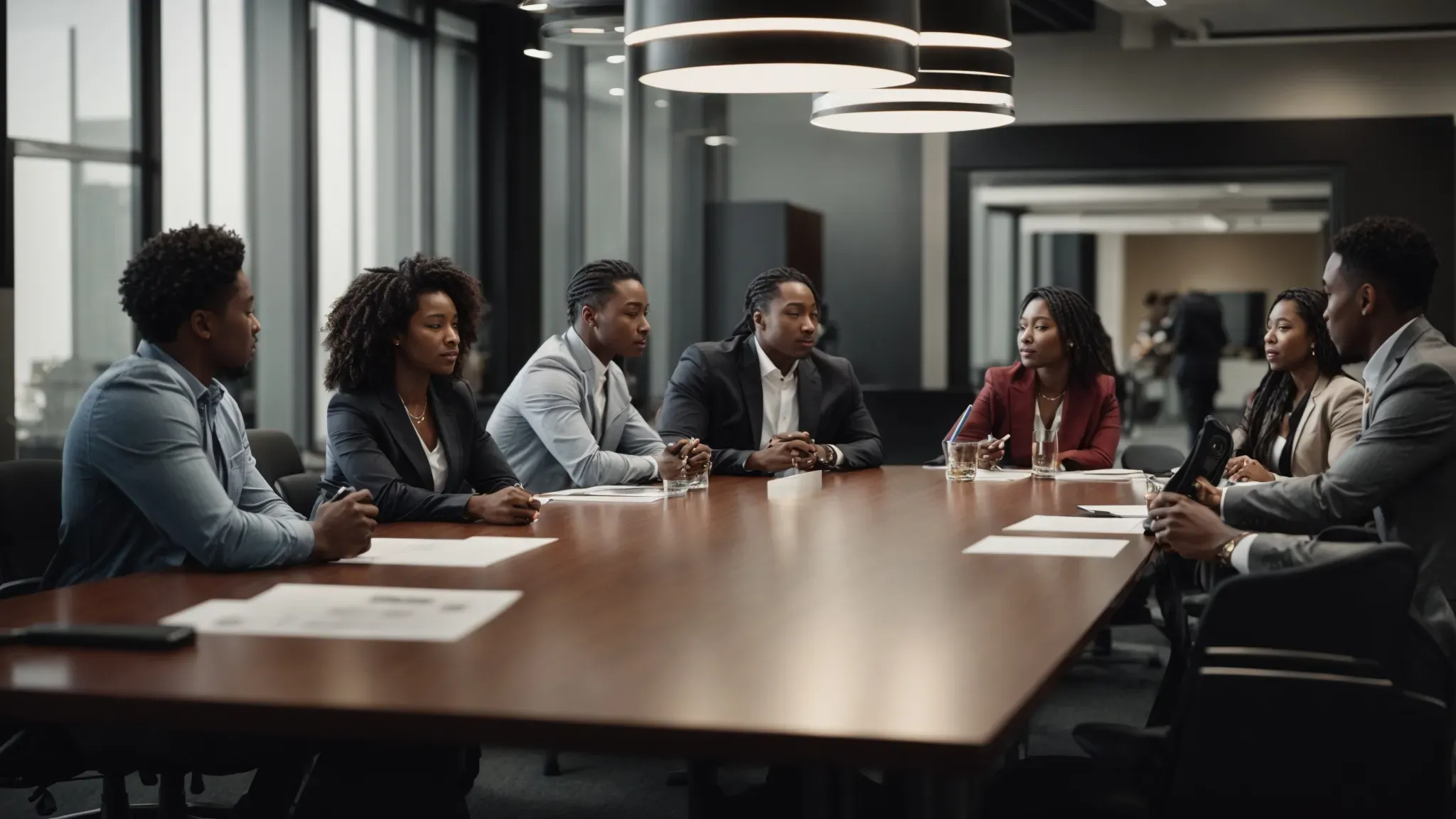 a broad conference table hosts individuals from diverse industries, each with unique portfolios, engaged in a collaborative brainstorming session.