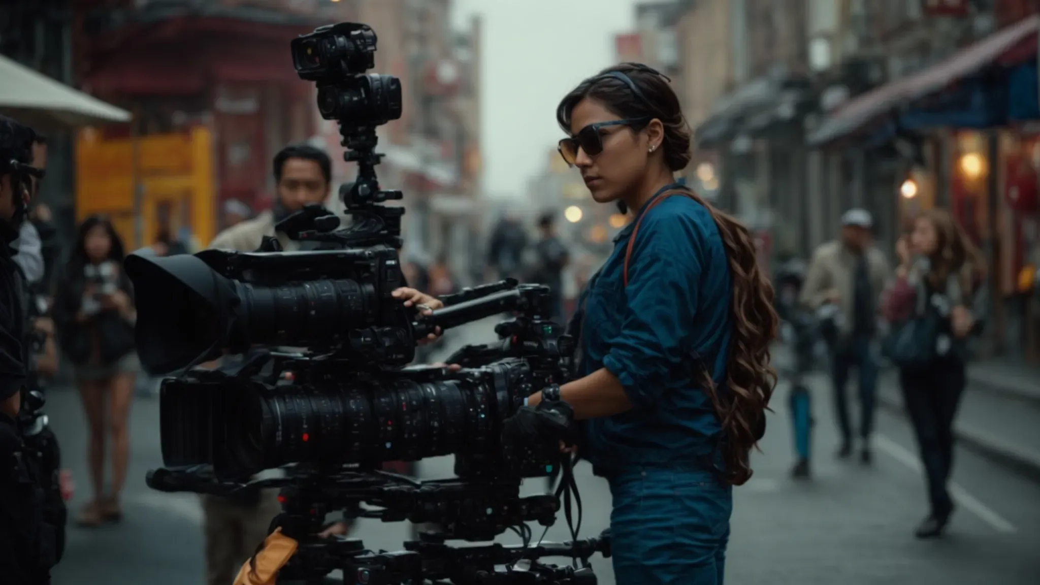 a cinematographer operates a steadicam on a vibrant film set, capturing an emotionally intense scene.