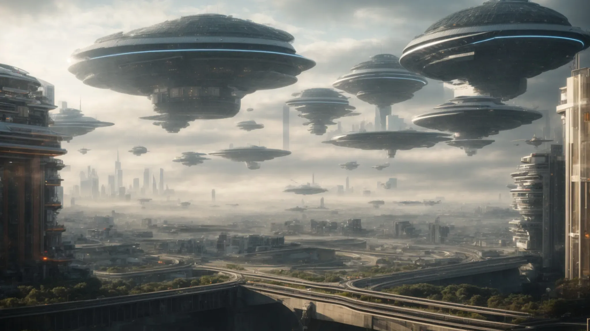 a futuristic cityscape brimming with advanced structures and flying vehicles under a hazy sky.