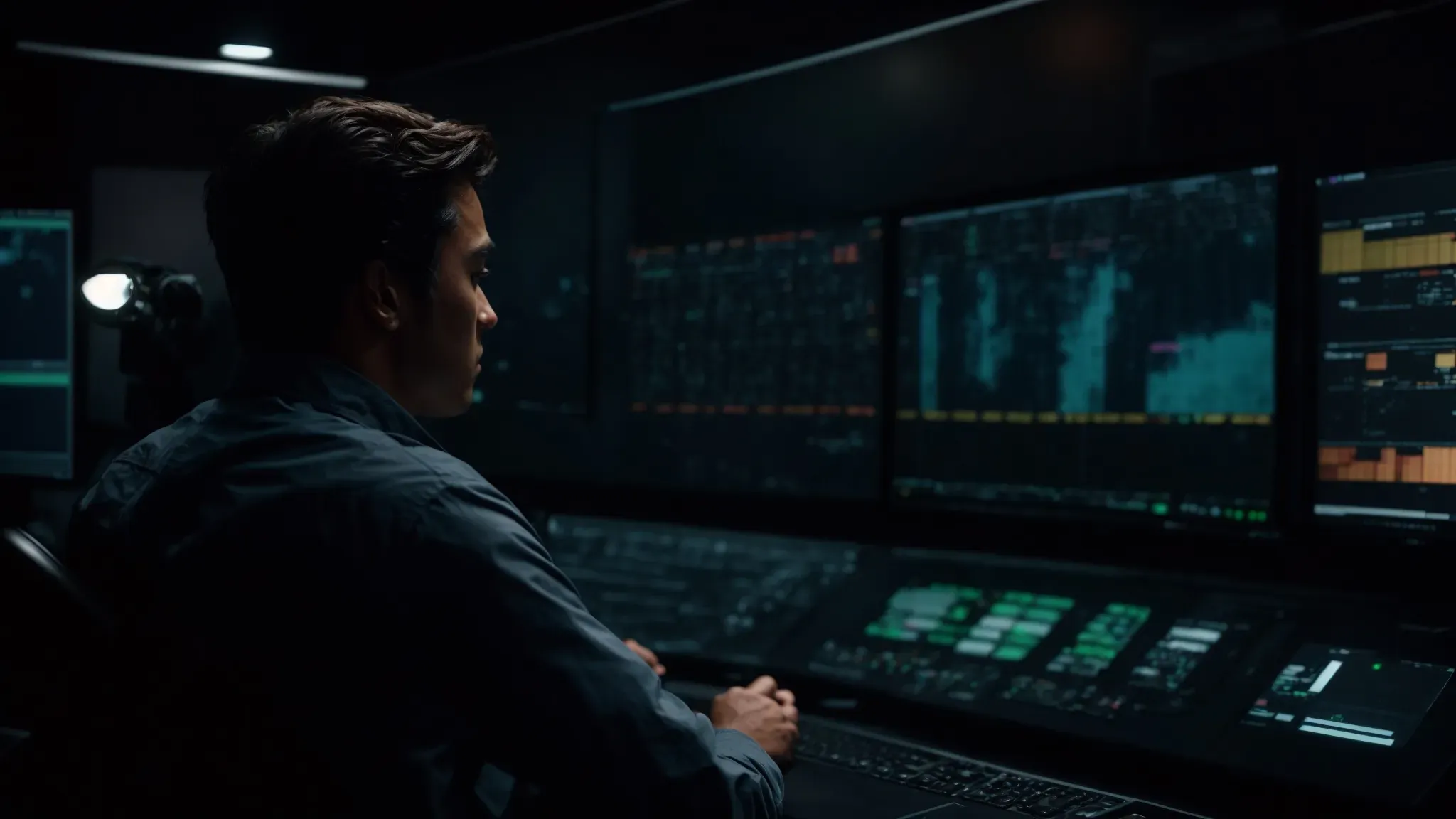 a cinematographer intently observes a movie scene on a large monitor in a dimly lit editing room, discussing color adjustments with a technician.