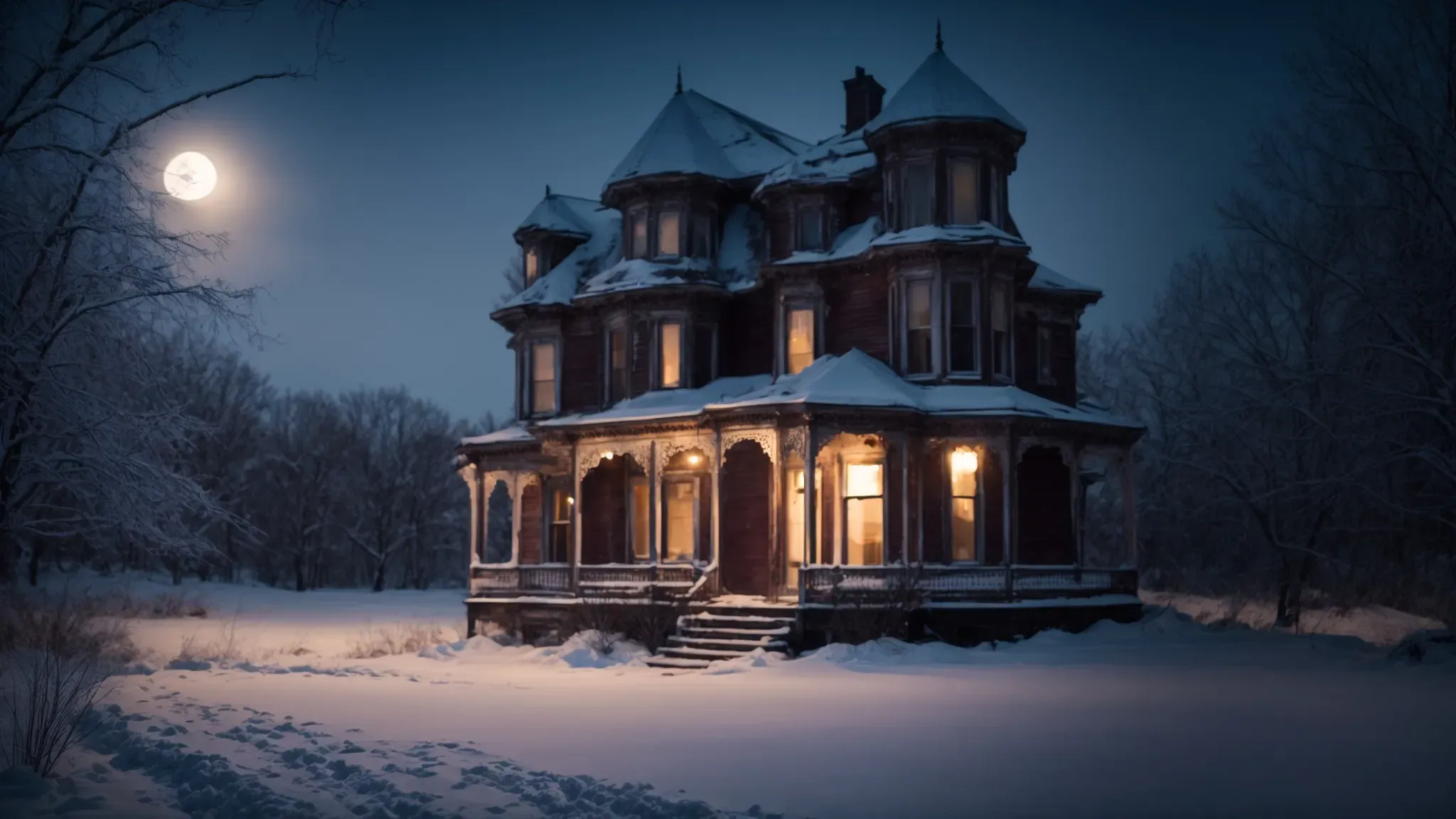 a dilapidated victorian house, draped in snow, looms beneath the eerie glow of a full moon.
