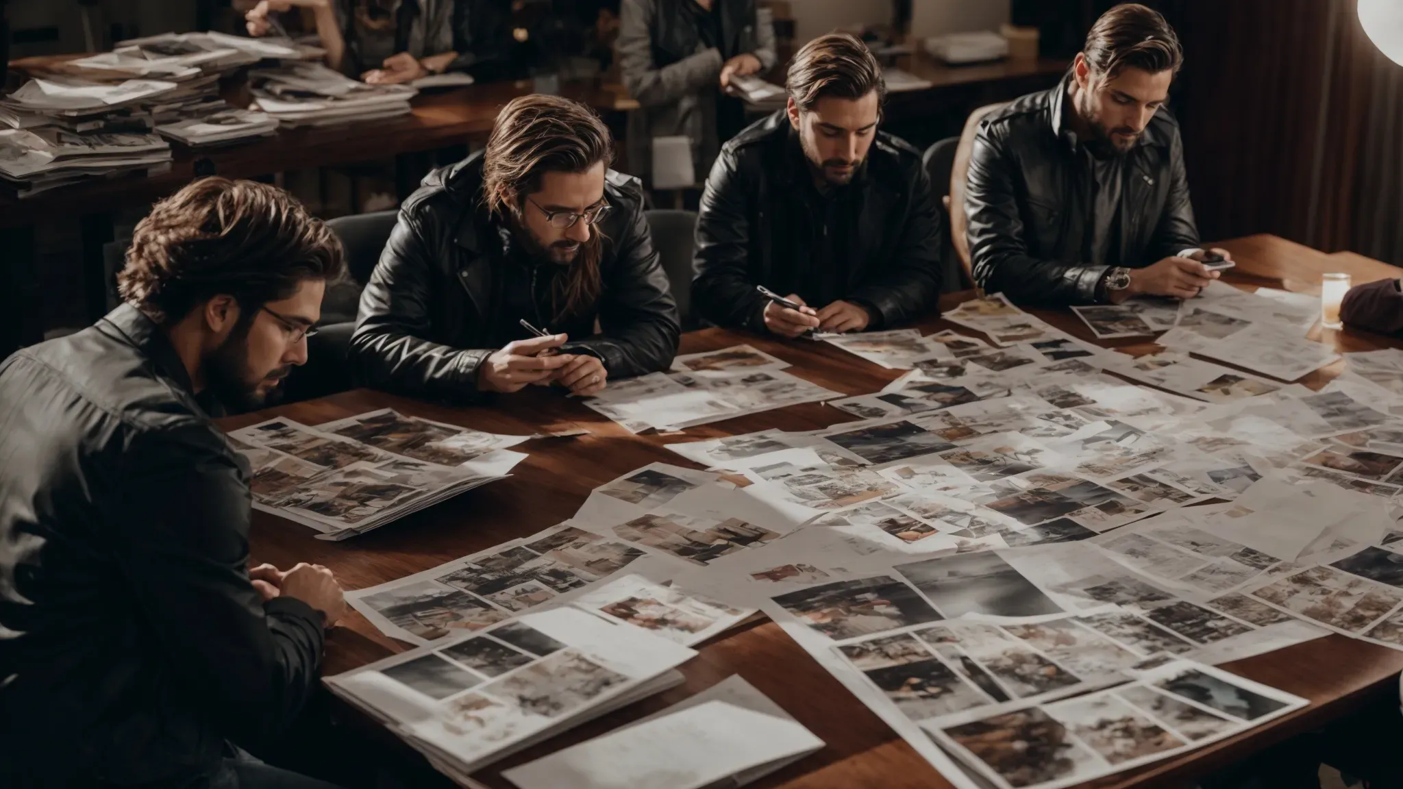 a creative team intently reviews a collage of storyboards and mood boards spread across a table, conceptualizing a music video's visual narrative.