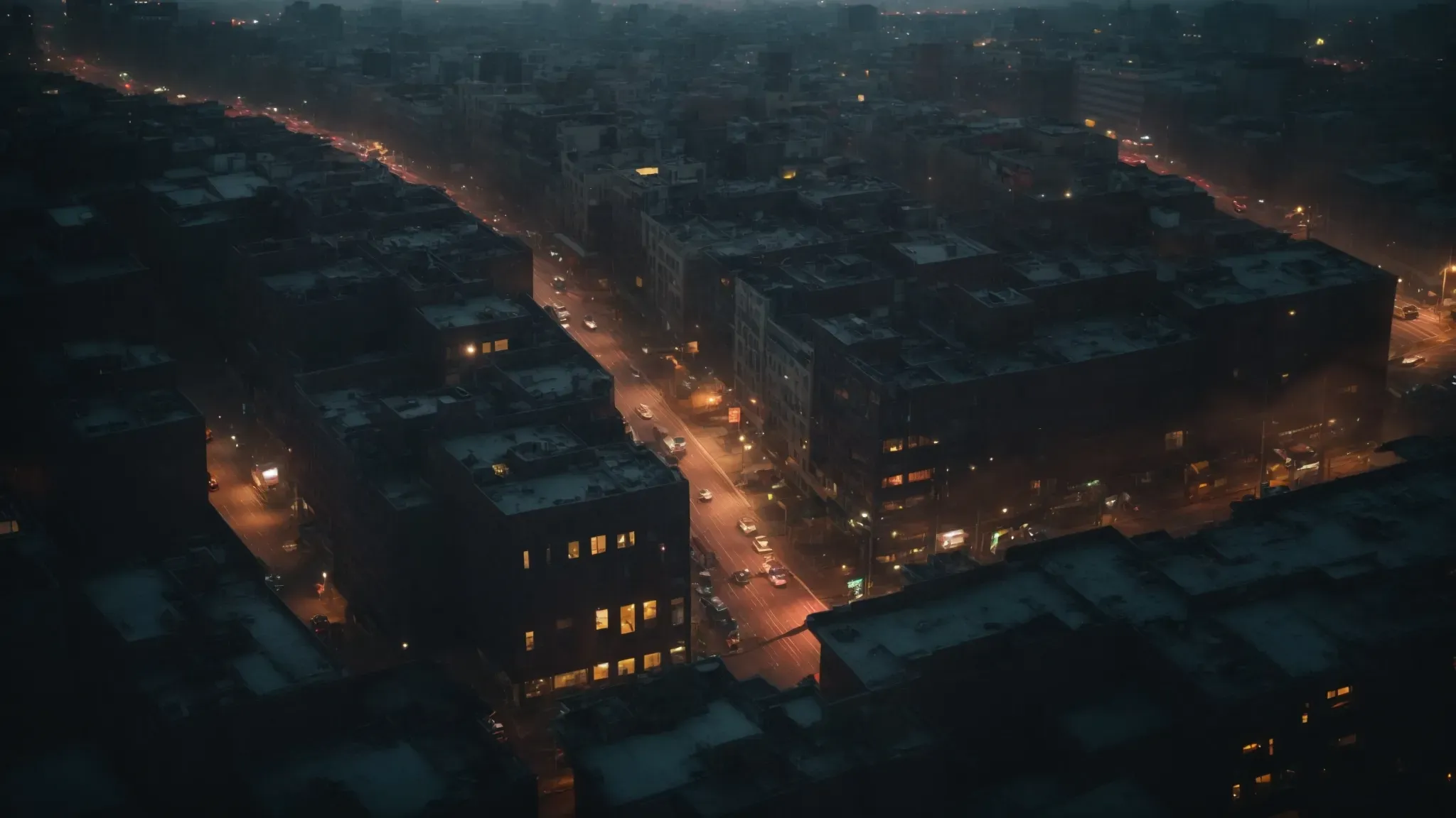 a city skyline with chaos below as unseen figures flee from unseen threats in a dusky ambiance.