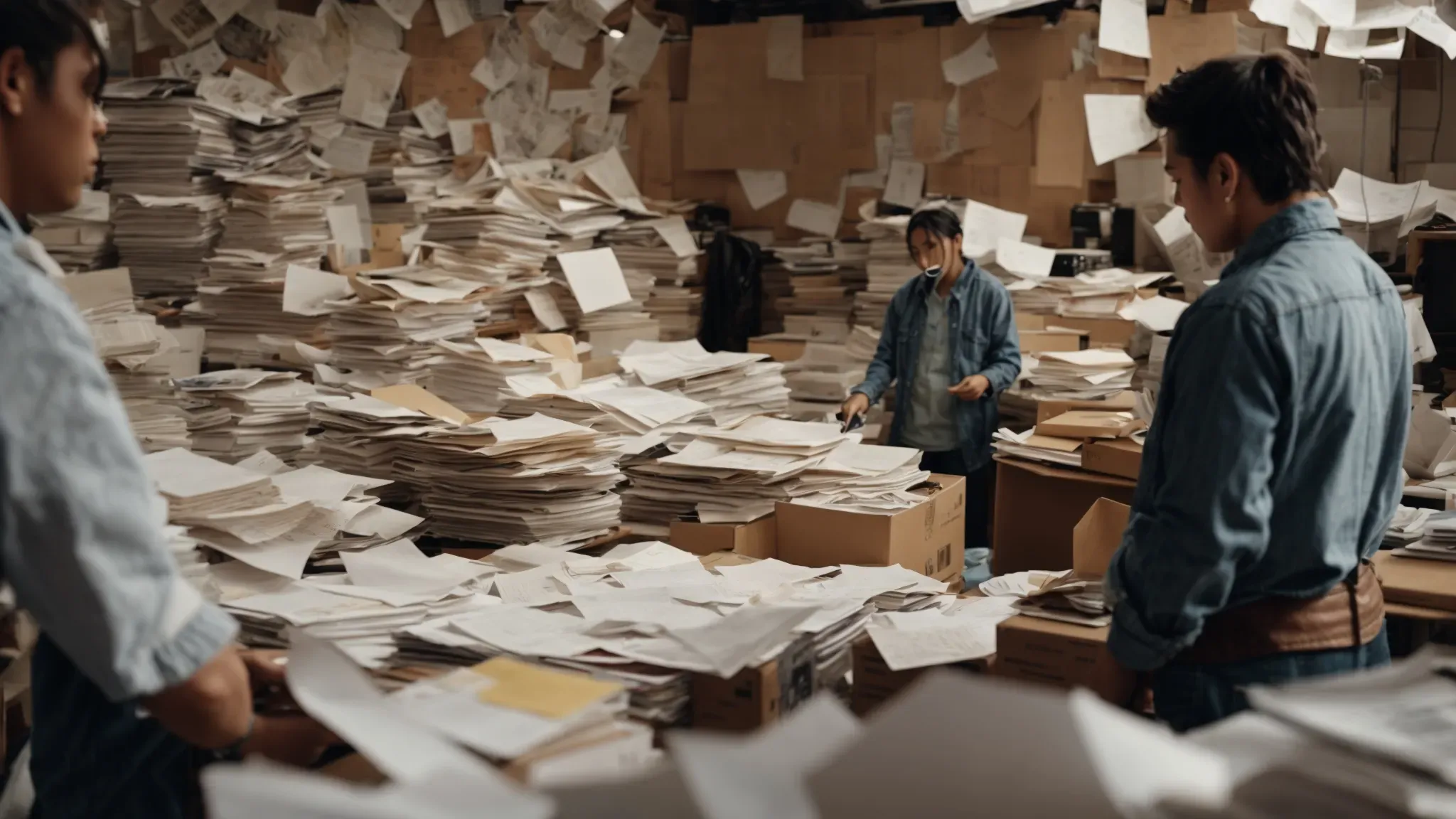a cluttered film set with scattered papers and a focused crew member scrutinizing a document amidst organized chaos.