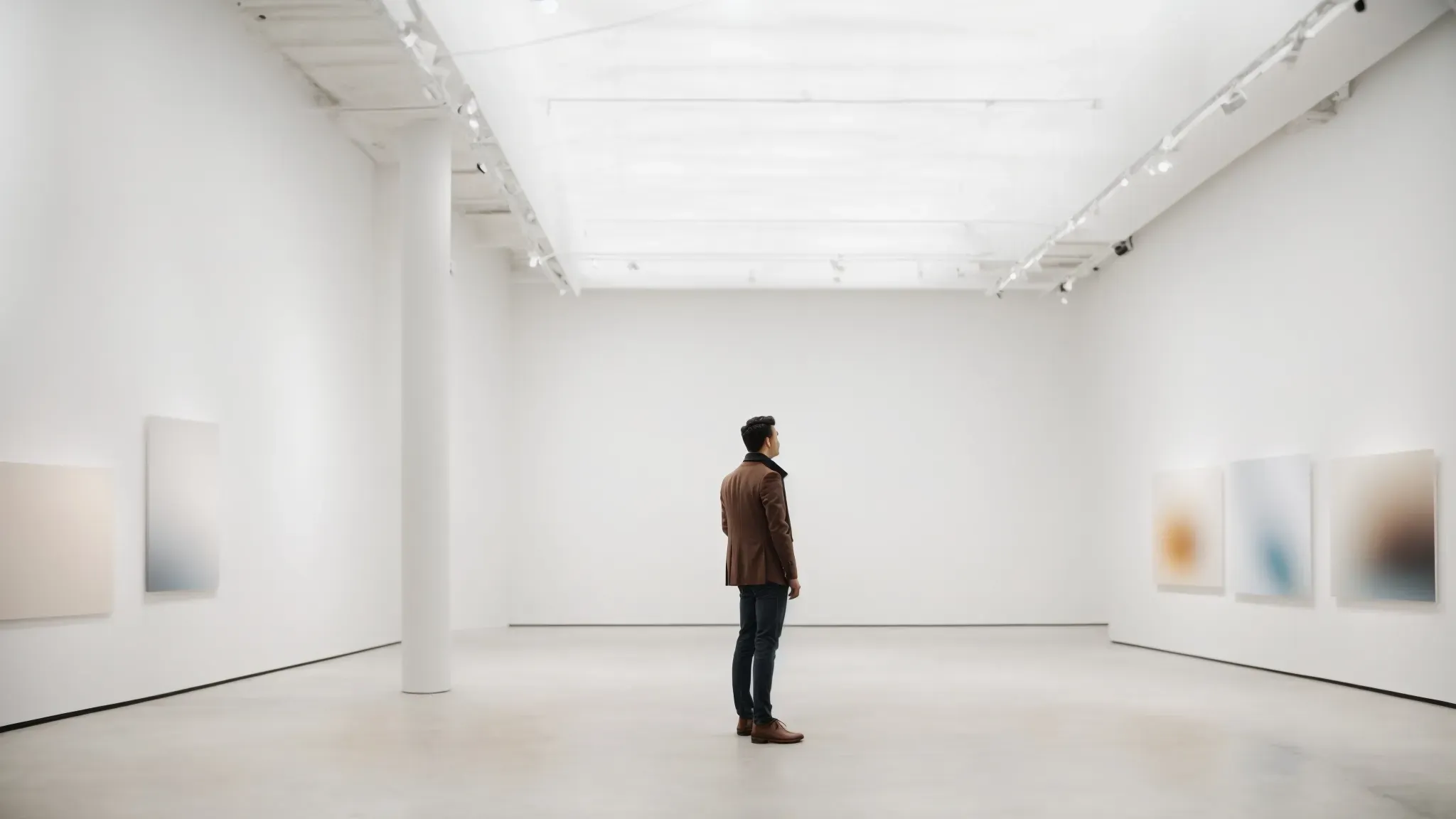 an experimental filmmaker stands before a sparse audience in an art gallery, projector casting abstract images on a white wall.