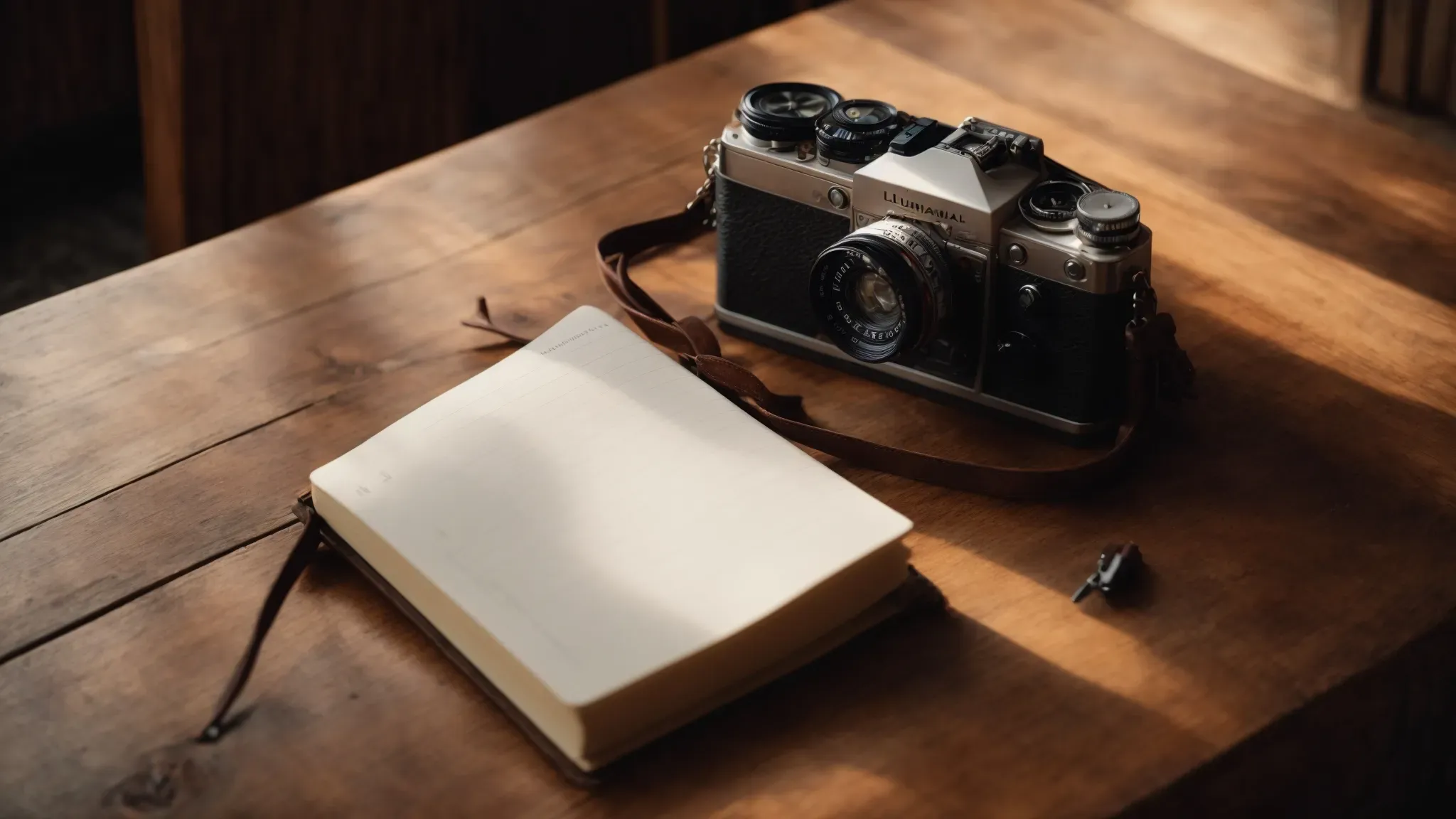 a blank notebook, a compass, and a vintage camera lie atop a wooden table, bathed in soft, natural light. 