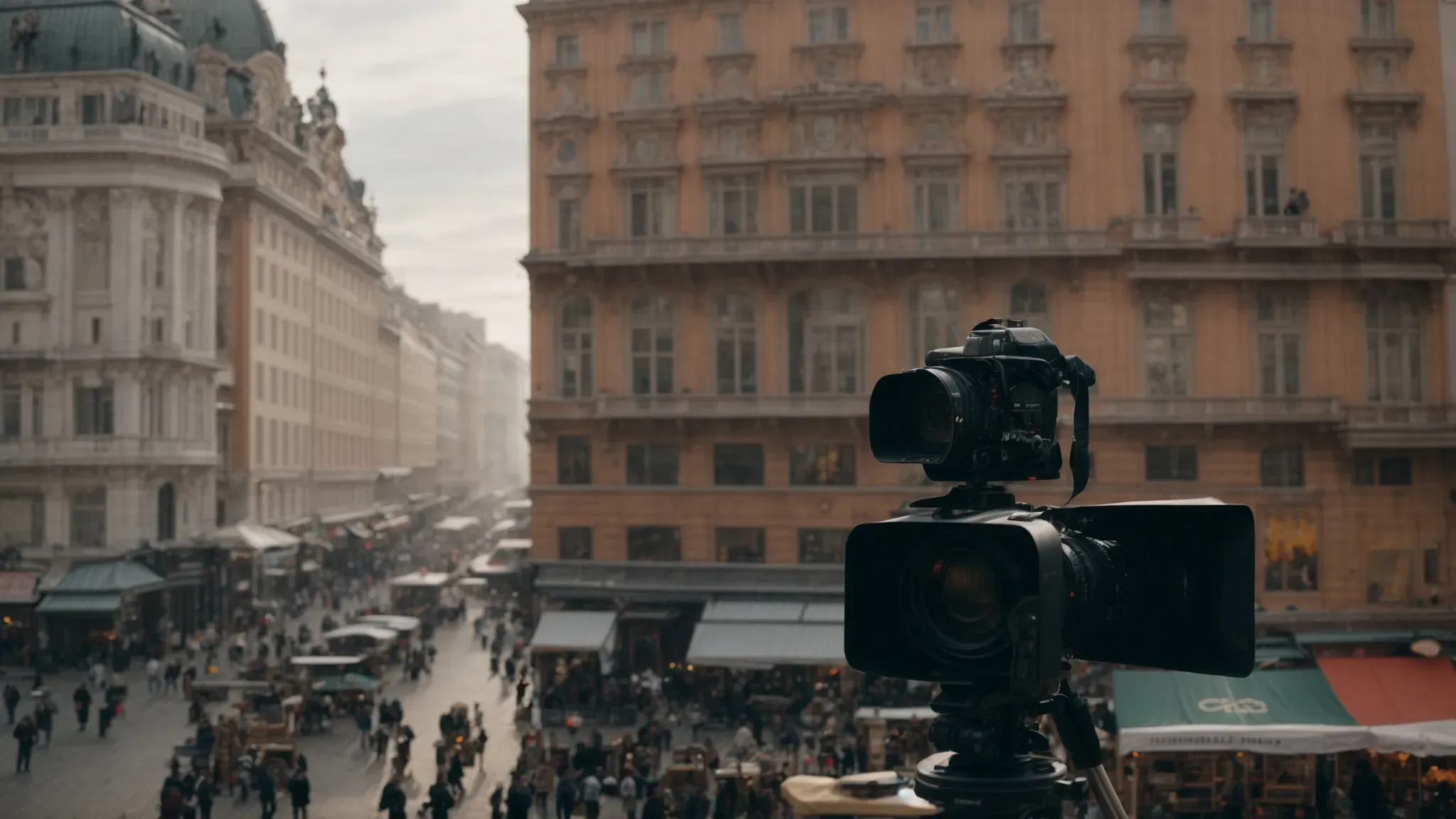 a filmmaker stands behind a camera mounted on a crane, capturing a bustling city square from high above.