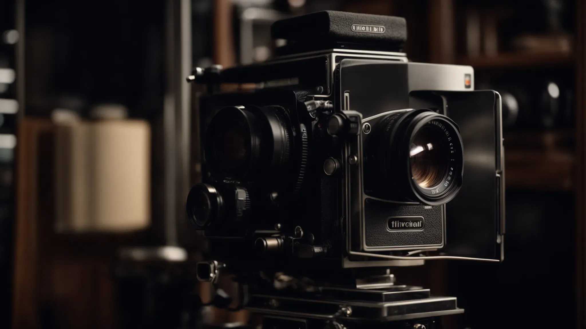 a vintage movie camera stands next to a modern digital camera against the backdrop of a dimly lit film set, symbolizing the transition to digital cinematography.