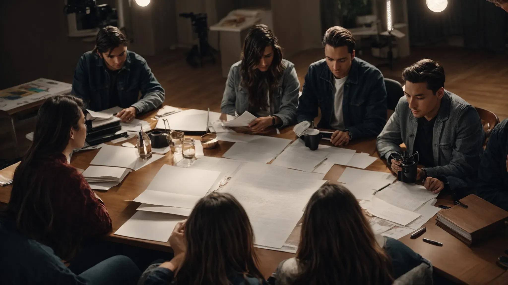 a group of filmmakers gathers around a table covered with a script, mood boards, and planning materials, actively engaging in a creative meeting.