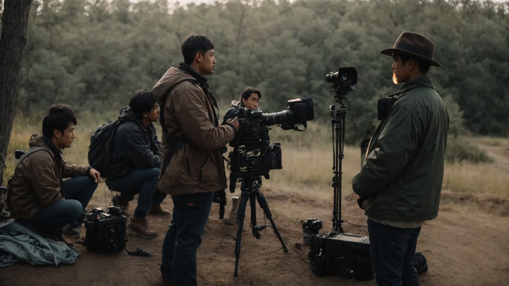 a group of low-budget filmmakers gather around a sparsely-equipped set, reflecting on their latest scene with mixed expressions of hope and concern.