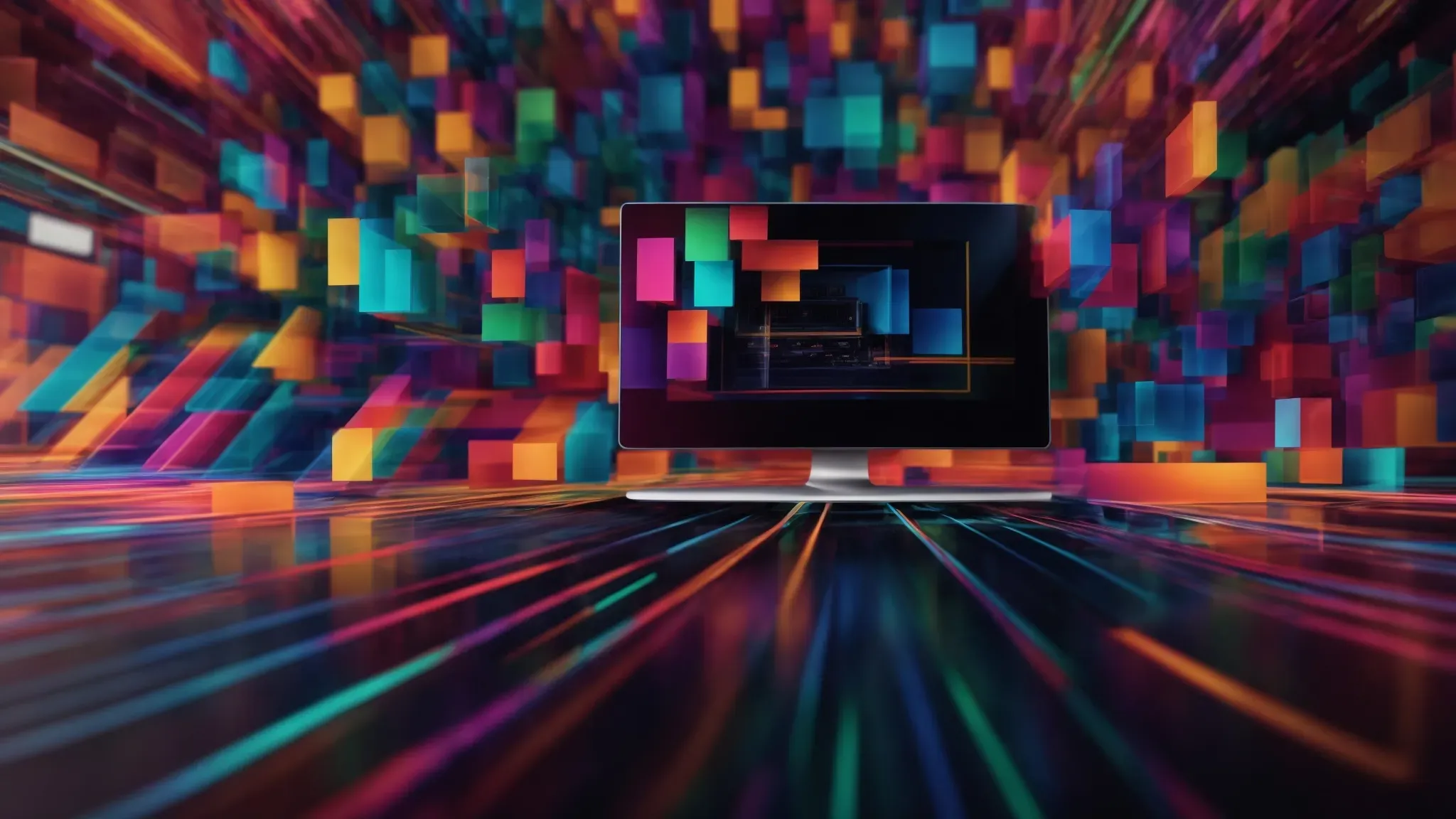 a computer screen displaying a colorful 3d model representation with complex layers and algorithms in action.