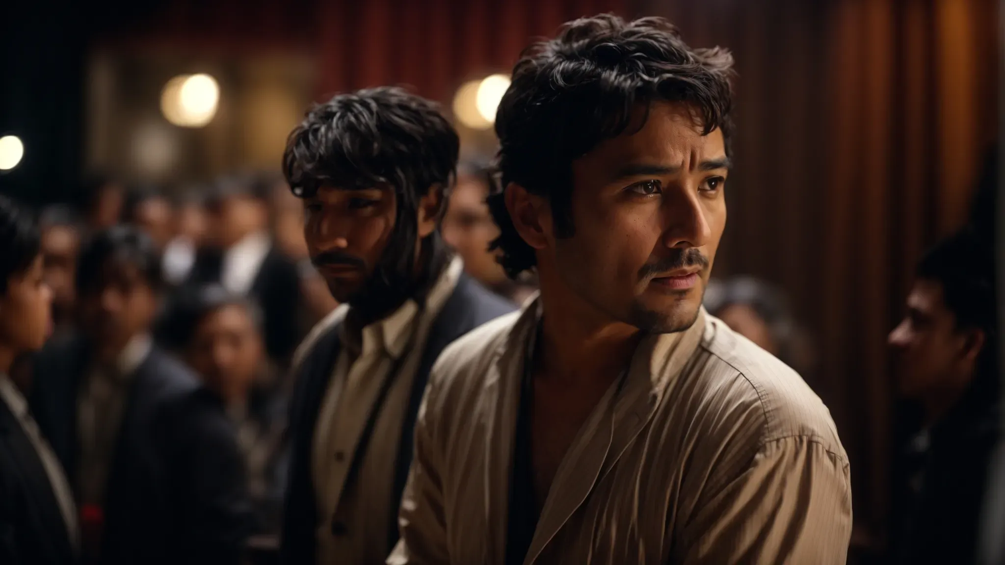 a character actor, fully immersed in their role, stands in the wings of a bustling stage, their expression a complex tapestry of emotions, ready to transform the scene with their depth.