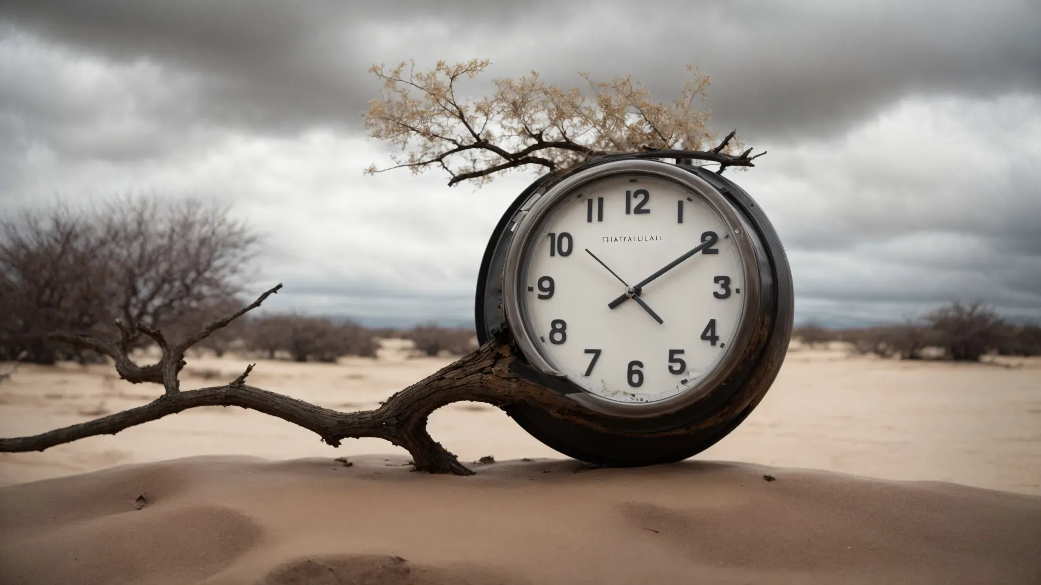 a distorted clock melting over a tree branch in a barren landscape under a cloudy sky.