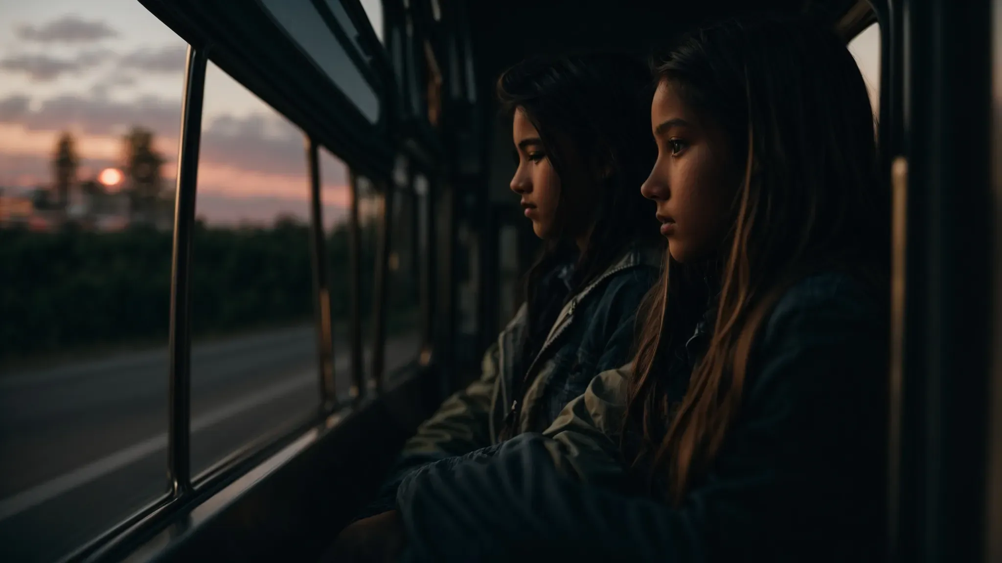 a teenager sits alone on a school bus, staring thoughtfully out the window as dusk paints the sky.