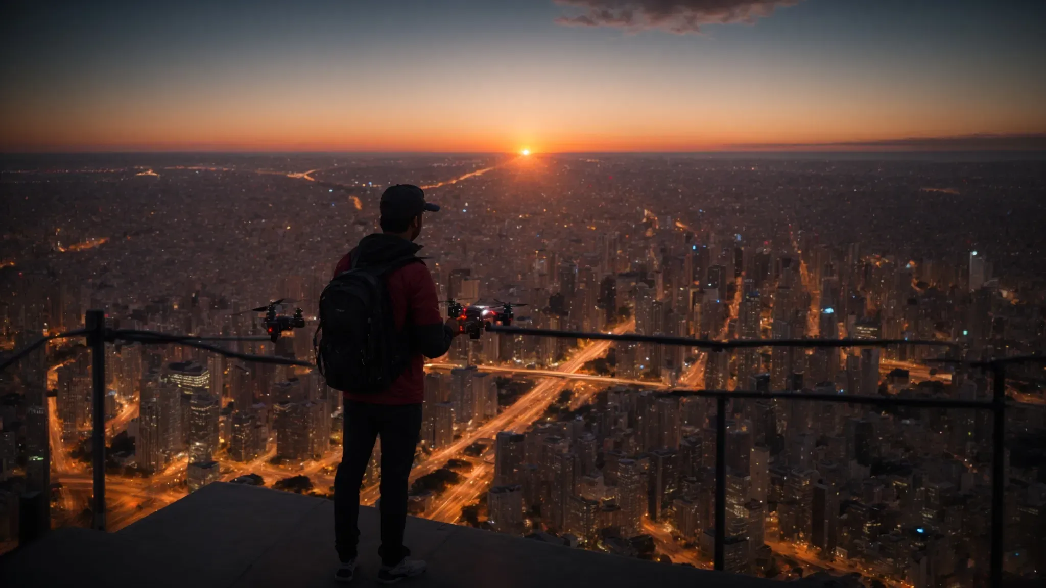 a filmmaker uses a drone to capture a breathtaking sunset over a city skyline, showcasing the fusion of cutting-edge technology and creative vision.
