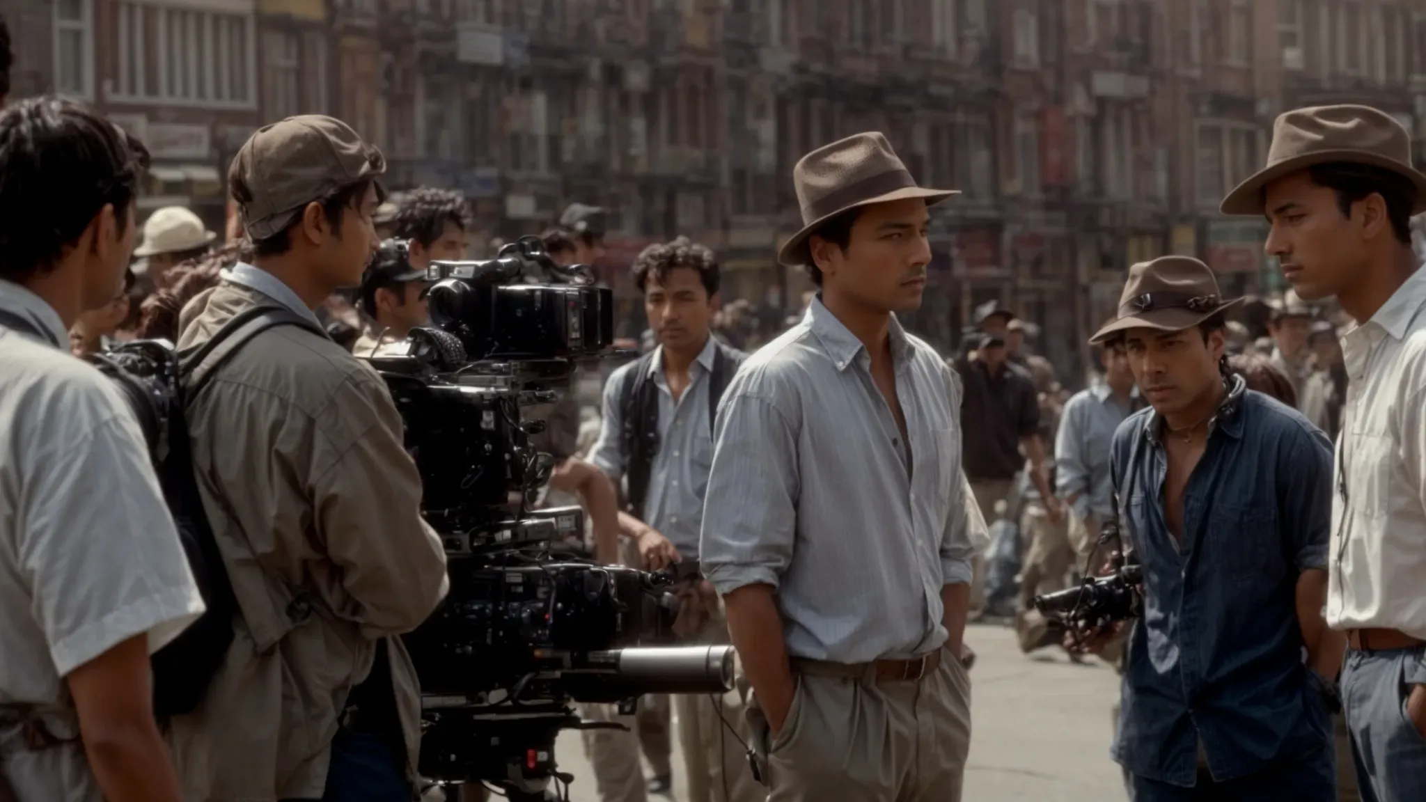 a director discusses a scene on a bustling film set with crew members and cameras capturing the action.