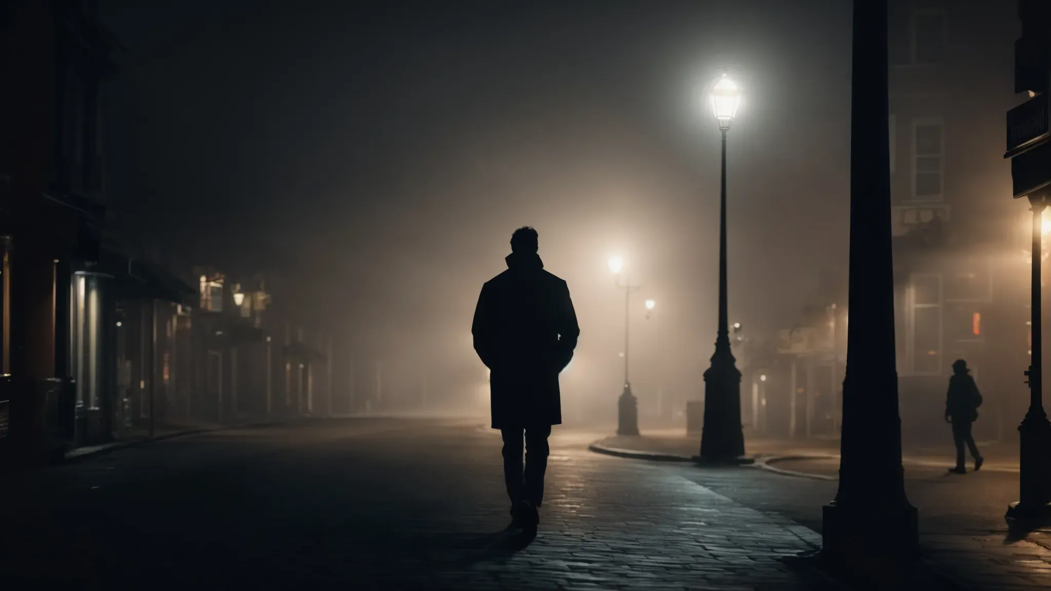 a silhouetted figure stands in the foggy glow of a single street lamp on a deserted city street at night.