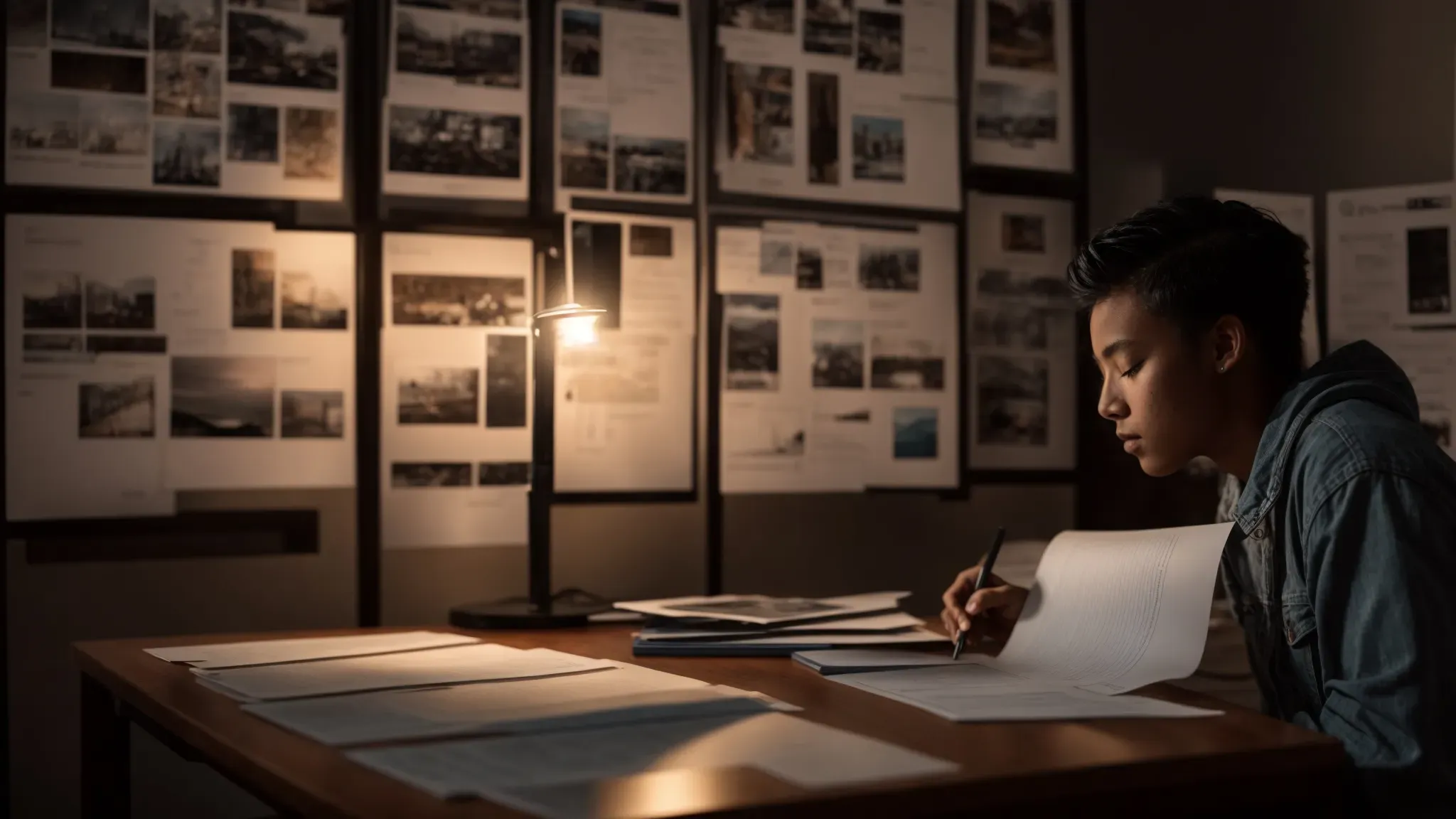 a student thoughtfully arranges their film project storyboards across a spacious table, under the soft glow of a desk lamp, in a quiet room late at night.