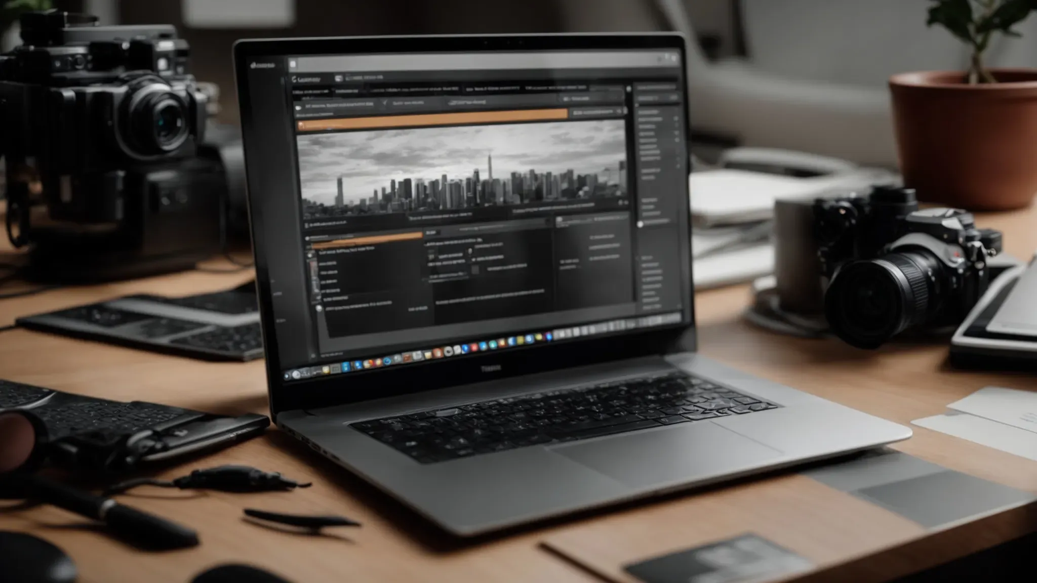 a laptop on a filmmaker's desk displays a sleek project management application while in the background, a camera and storyboard sketches hint at an ongoing production.