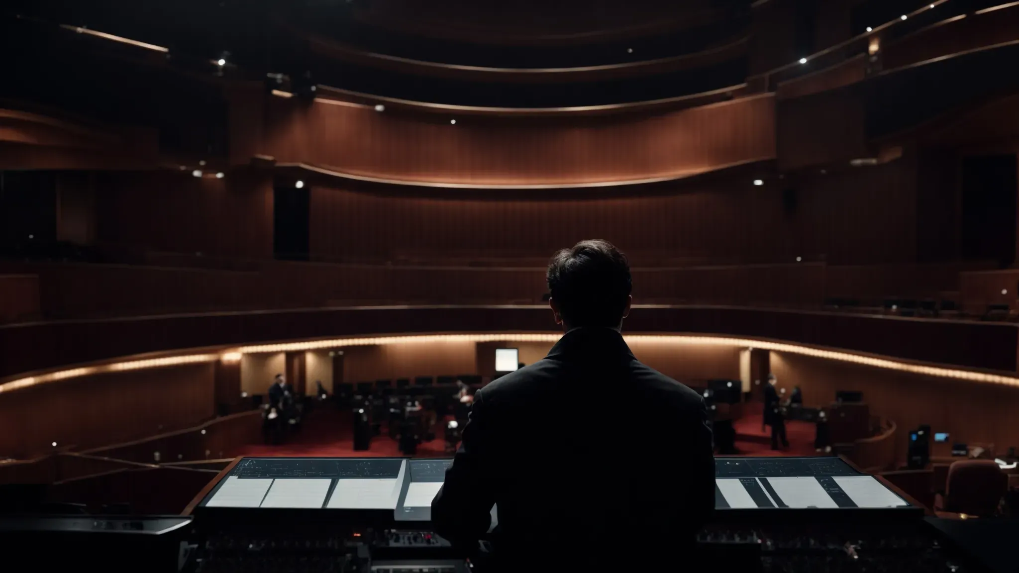 a film composer intently watches a movie scene on a screen, orchestrating a score that will breathe life into the visual tale.