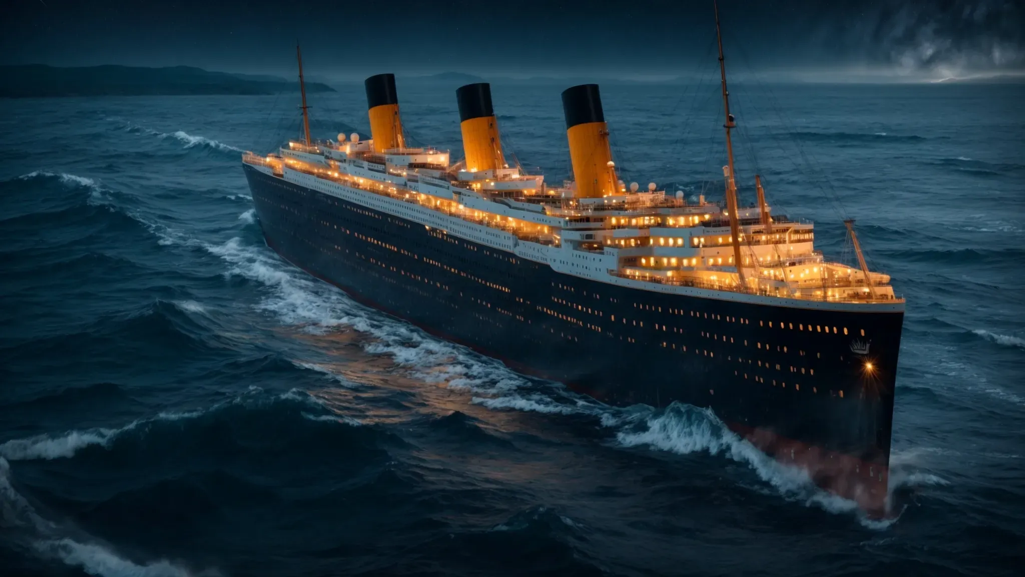 a vast, imposing titanic on its maiden voyage slices through the icy atlantic waters under a starlit sky.