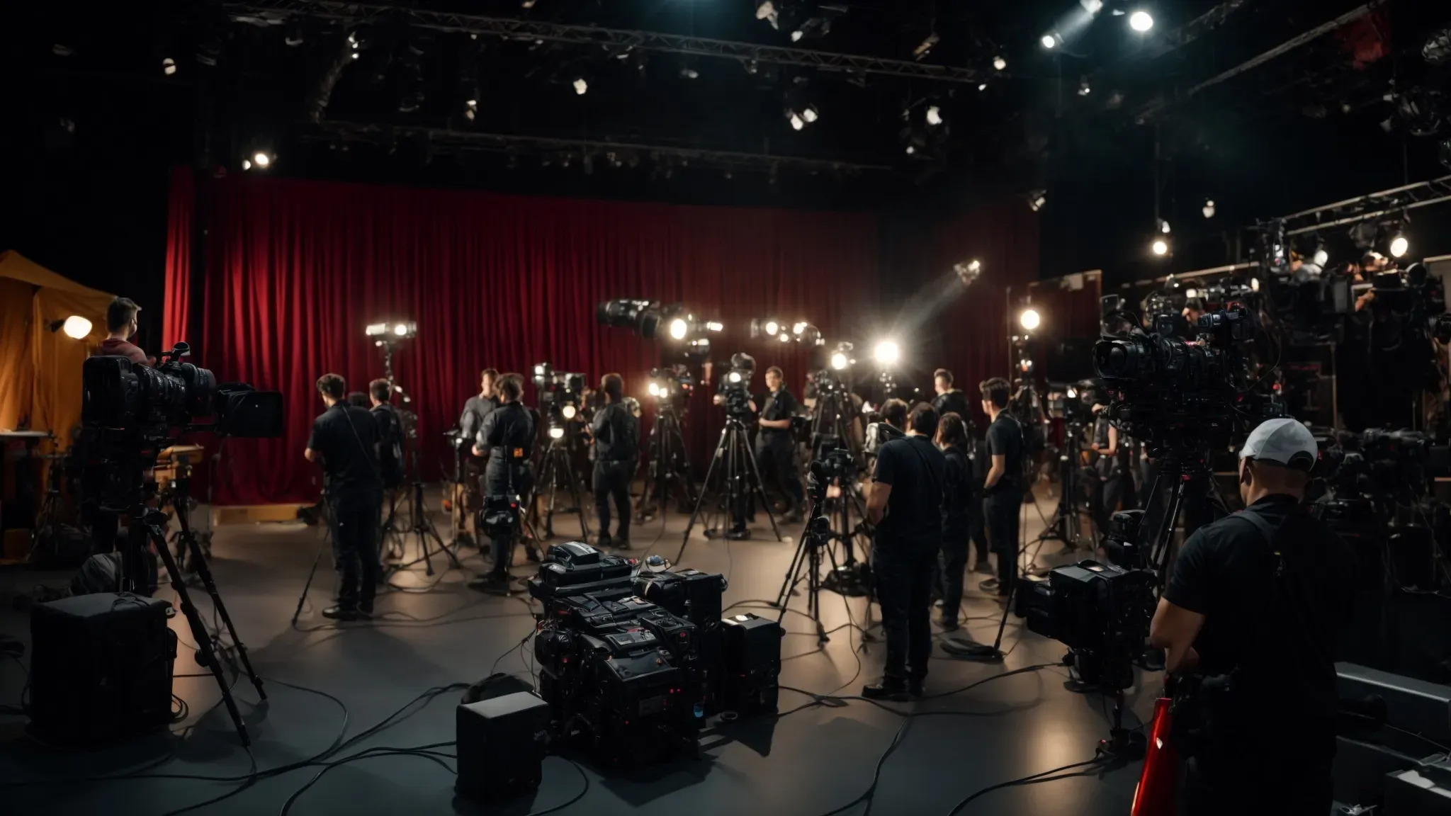 camera crew and actors preparing on a vibrant film set, with lighting equipment aimed towards a decorated stage awaiting action.