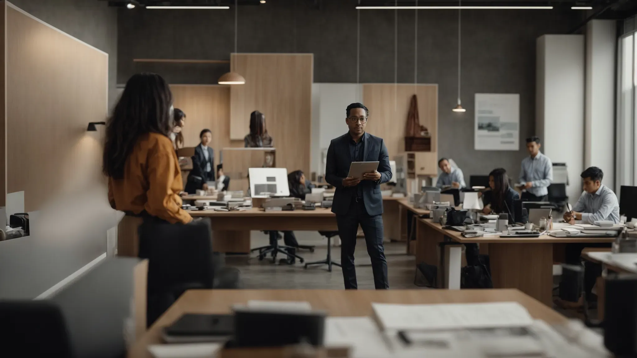 a creative director stands in an open, modern office, surrounded by a focused team engaged in discussion over project visuals spread out on a table.
