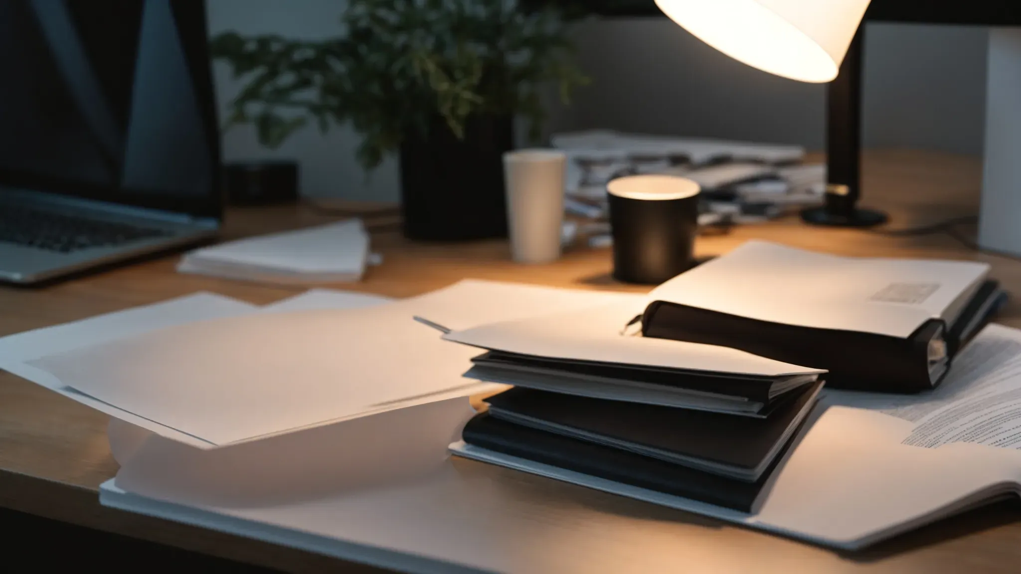 a stack of screenplays lies on a spacious desk, illuminated by a soft lamp, with a laptop open to a blank writing program beside it.