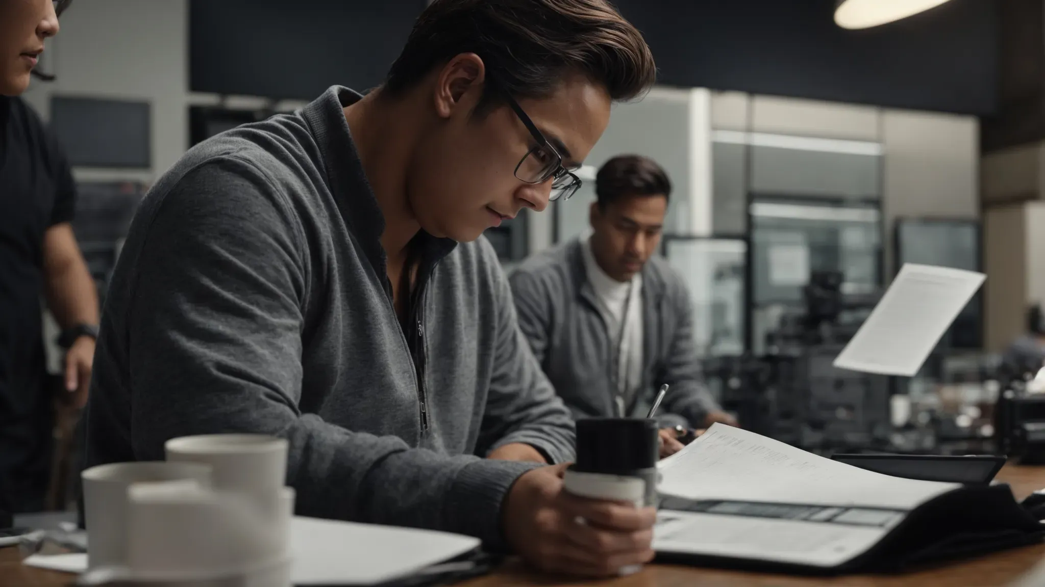 a producer consults a spreadsheet on a film set with crew members working in the background.