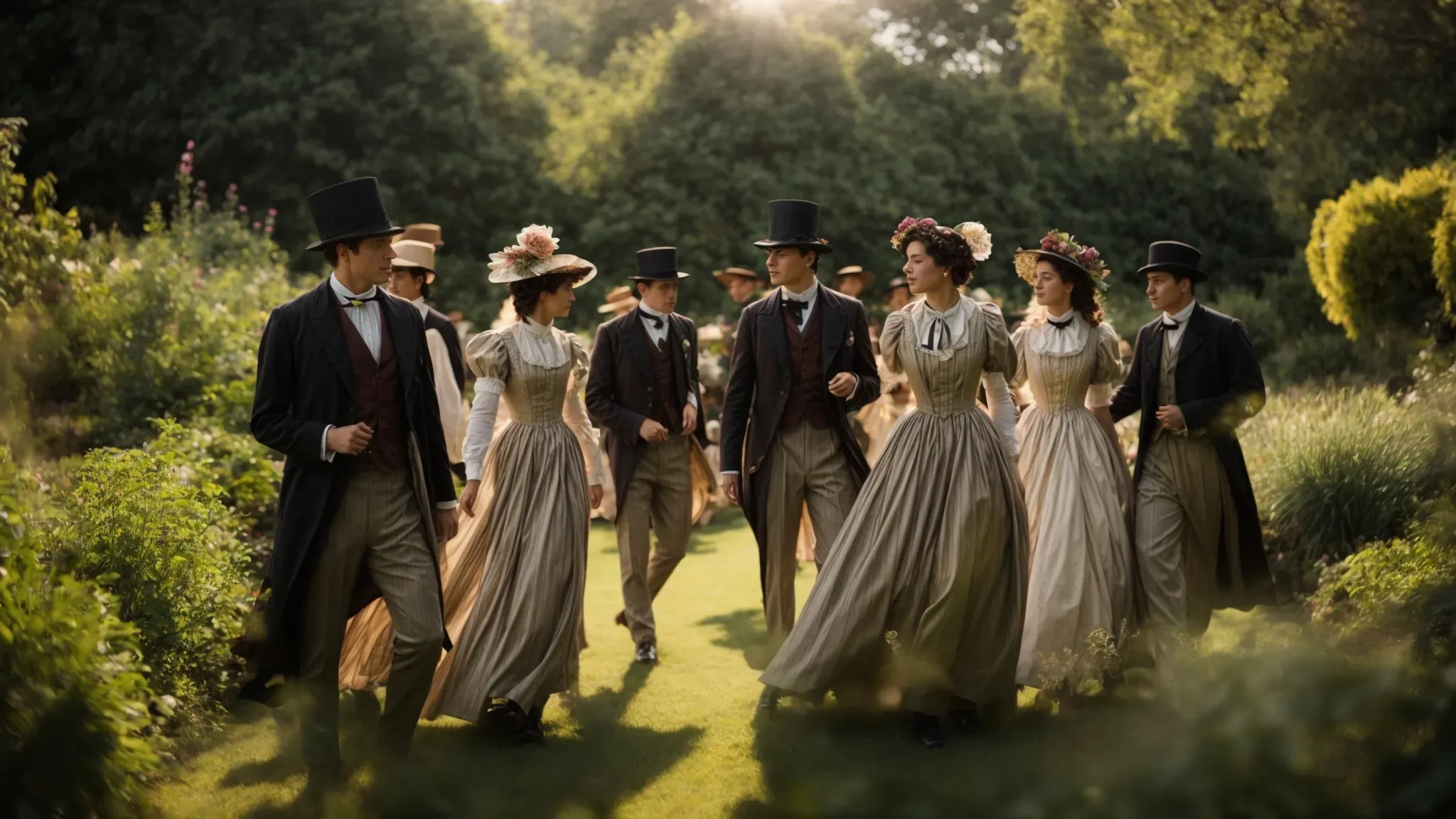 a group of people in victorian attire, captured mid-motion, strolling in a lush, sunlit garden.