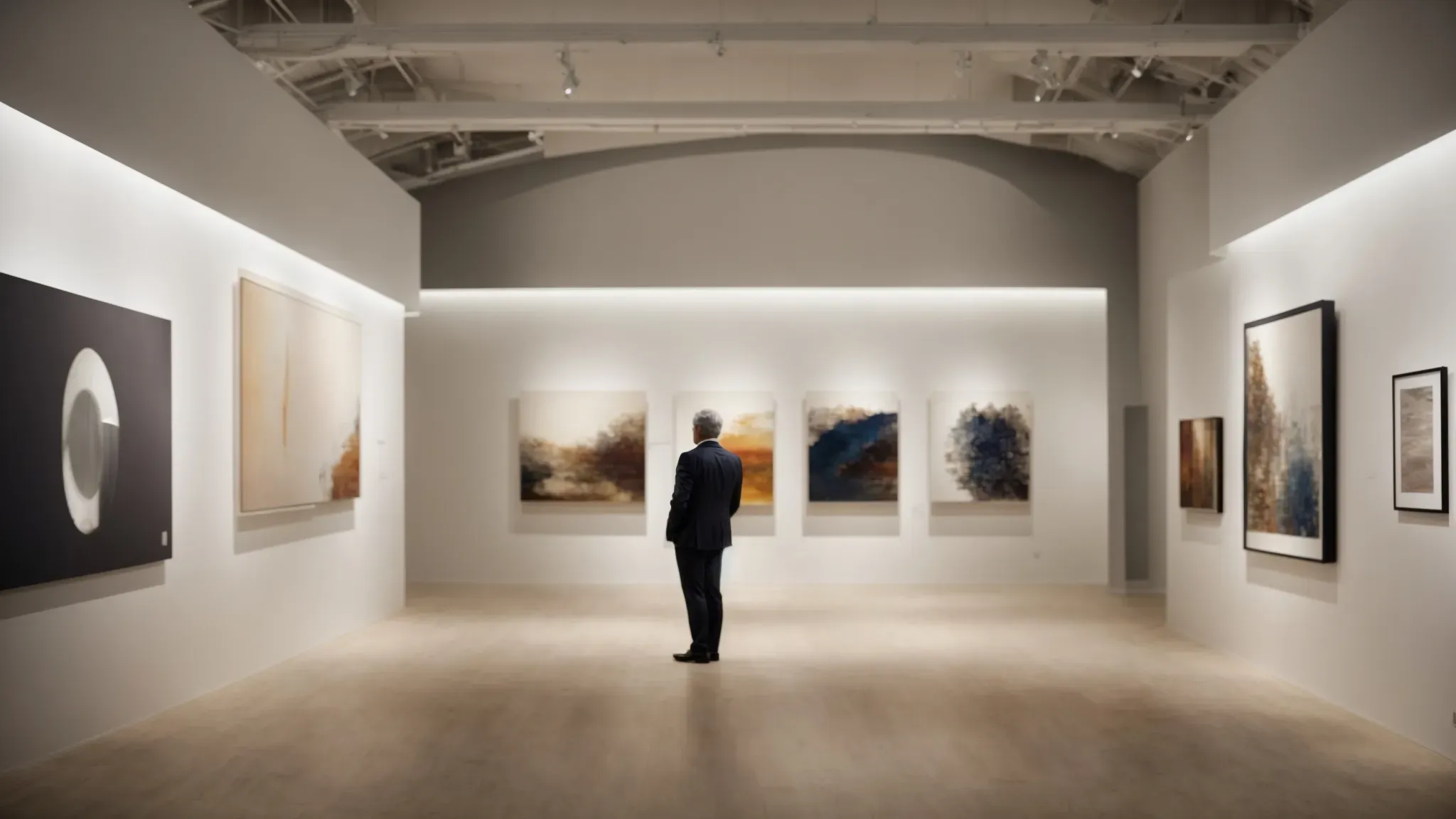 a figure stands confidently in an art gallery, surrounded by captivating visuals, symbolizing the growth and success of a senior art director.